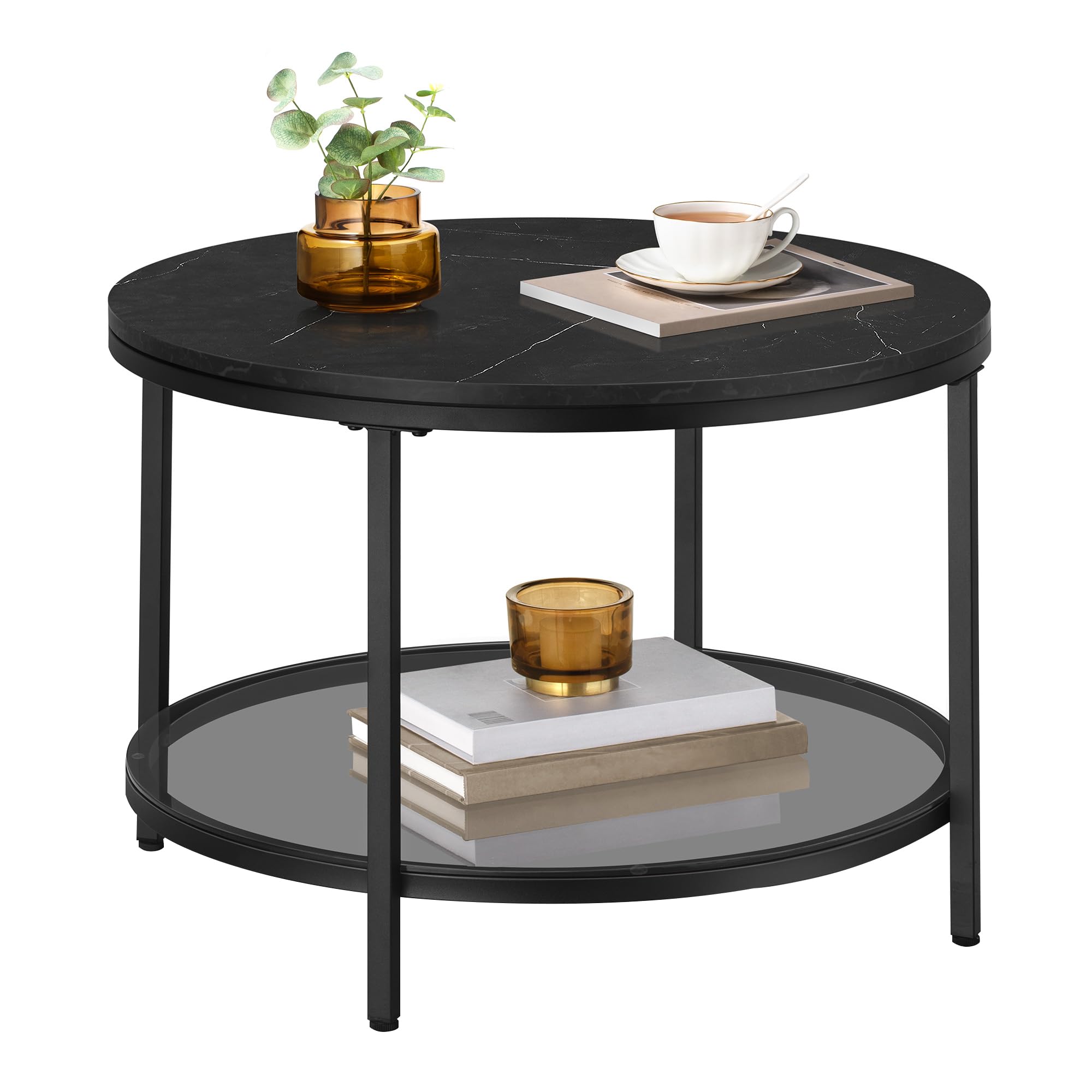 Table Basse Ronde En Verre 81x81 Cm - Style Rustique, Base En Caoutchouc, Pour Salon Petit Espace