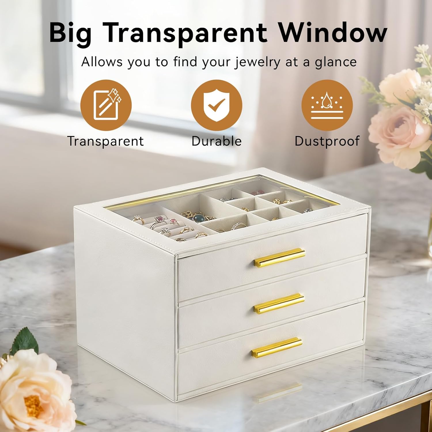 3 Layer Drawer Jewelry Box for Women, Glass Lid Jewelry Organizer for Necklaces Ring Earring Bracelets Watch ，Suitable for Indoor Fashion room Decoration and Travel Jewelry Case (White)