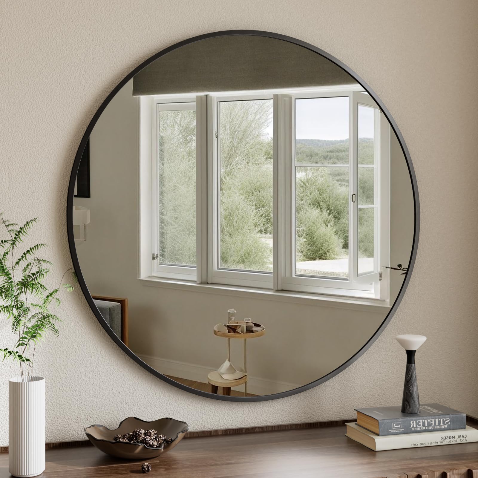 Spiegel Rund Schwarz 122cm, runder Wandspiegel mit Aluminiumrahmen, Einfache Montage, Modern Spiegel zum Aufhängen und Anlehnen für Badezimmer, Wohnzimmer, Schlafzimmer