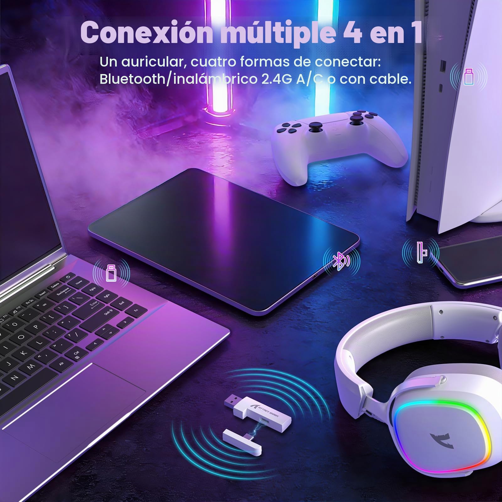 ATTACK SHARK G800 Auriculares Gaming Inalámbricos, Batería 1000 mAh, Micrófono Desmontable, Marco de Aleación de Aluminio, Sonido Surround 3D, Latencia 20 ms, Drivers 50 mm (Blancos)