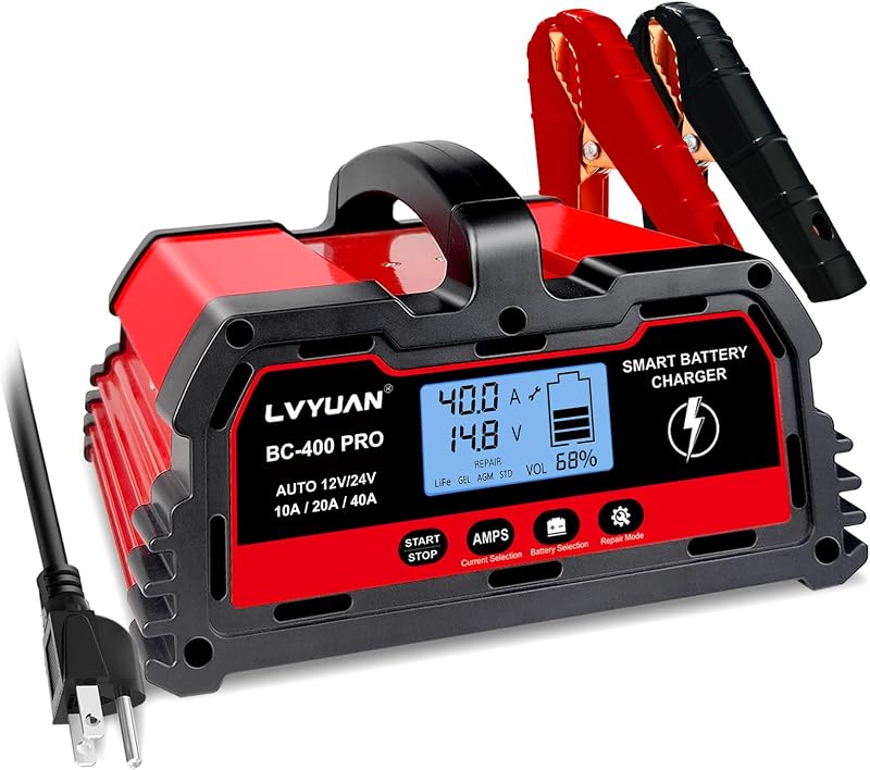 40Amp Smart Car Battery Charger, 12V/24V Automotive Charger | Lead-Acid Battery, LiFePO4 Battery Maintainer with LCD Display, Trickle Charger, for Lawn Mower, Motorcycle, AGM, STD,etc