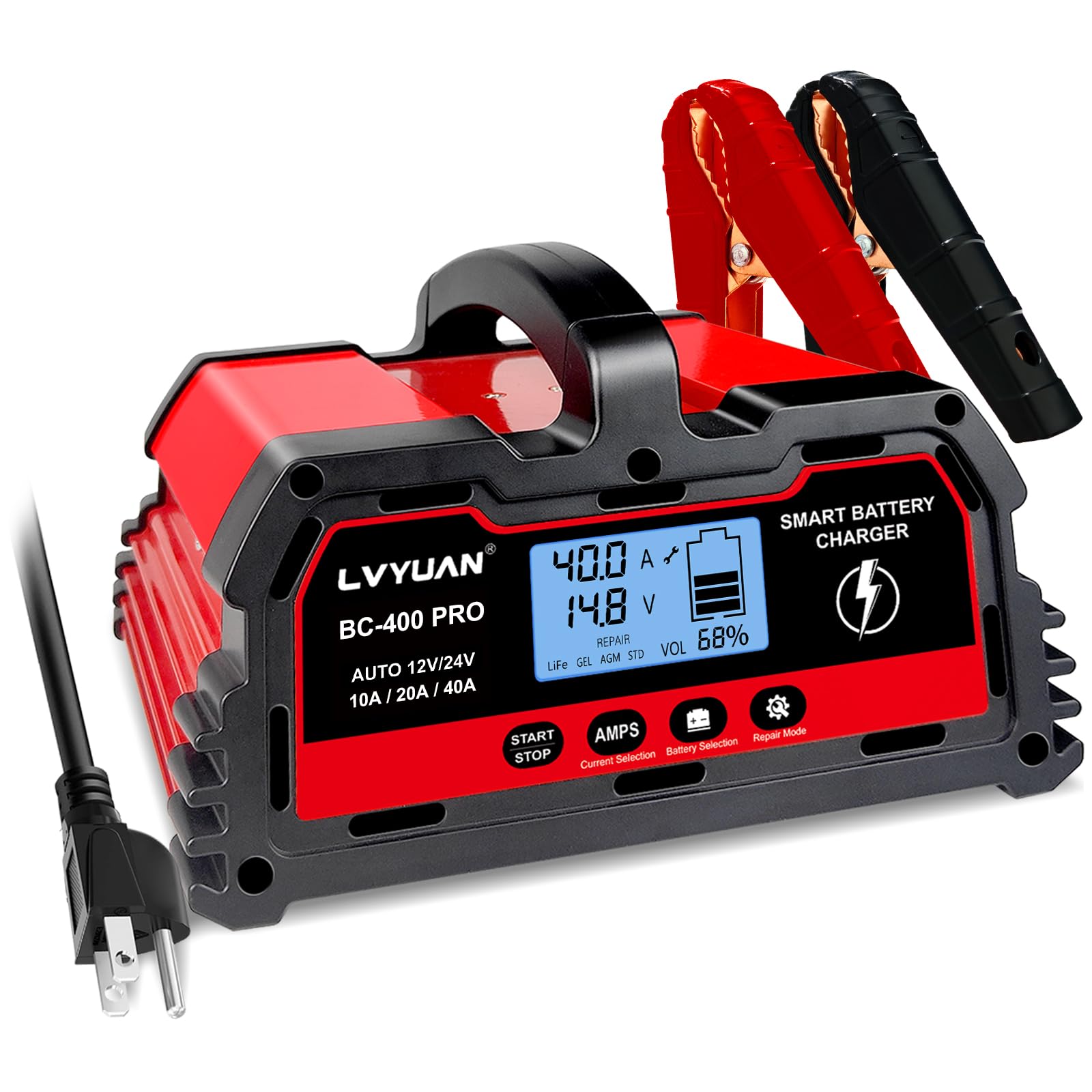 LVYUAN 40Amp Smart Car Battery Charger, 12V/24V Automotive Charger, Lead-Acid Battery, LiFePO4 Battery Maintainer with LCD Display, Trickle Charger, for Lawn Mower, Motorcycle, AGM, STD, Gel, EFB,etc