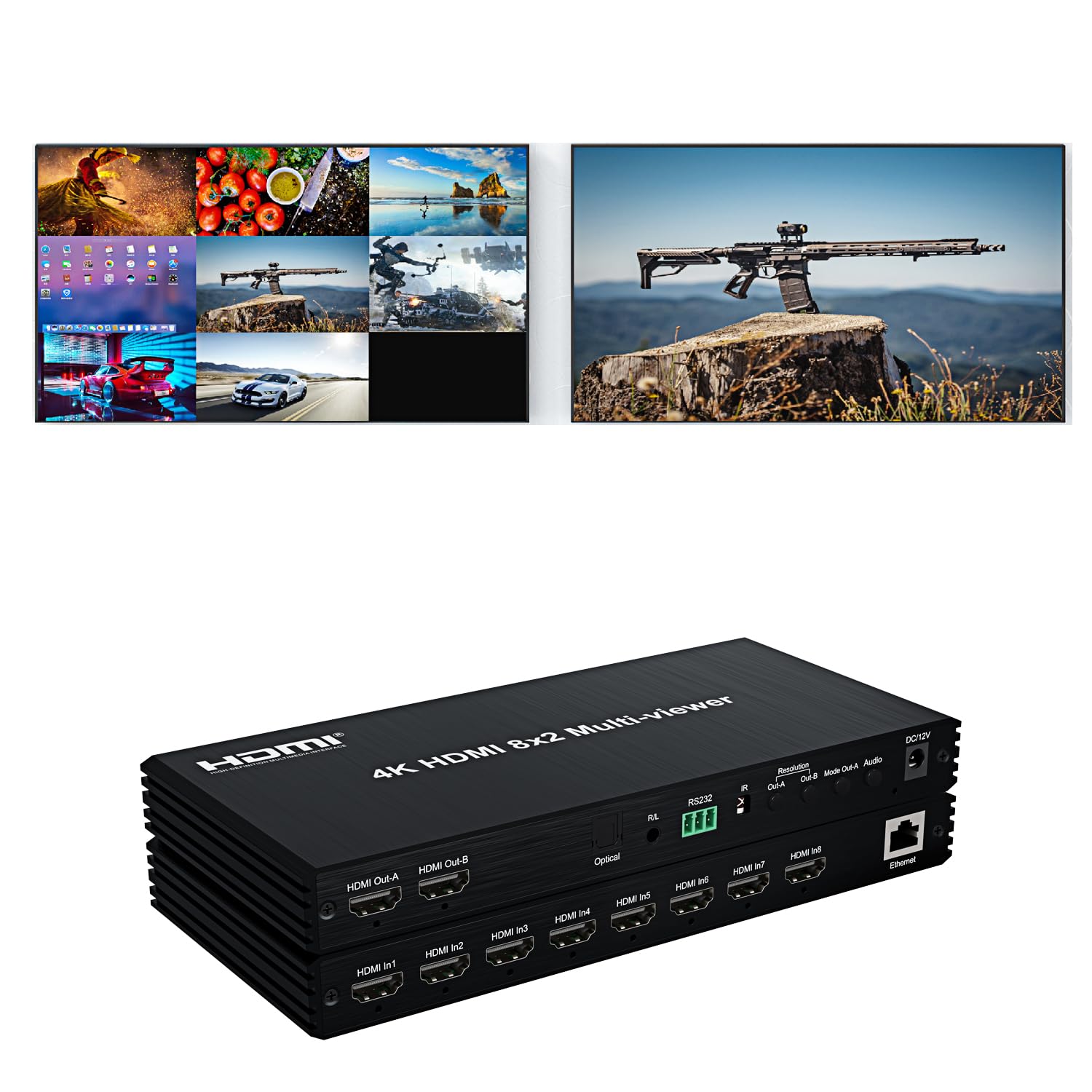 HDMI Matrix 8x2 4K @ 60Hz Multiviewer Switch Splitter 8 Ingressi 2 Uscita output aggiuntivo per l'audio, SPDIF e jack da 3,5mm con telecomando IR