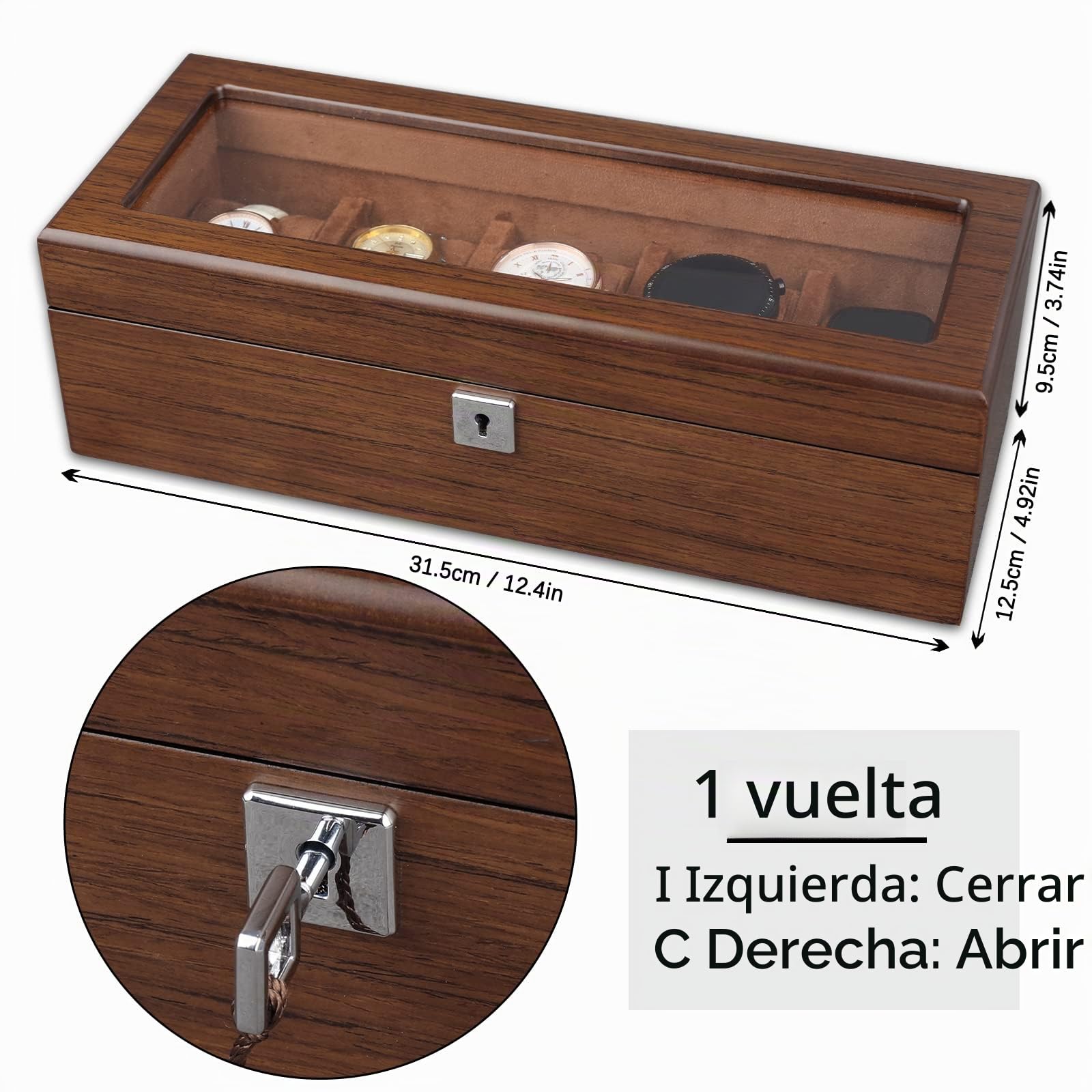 Caja de Relojes con 5 Compartimentos, Madera Estuche Relojes Hombre | Organizadora de Reloj con Tapa de Cristal y Cerradura, Cojín Extraíble, Porta Relojes Idea de Regalo Hombres/Niñas/Festival