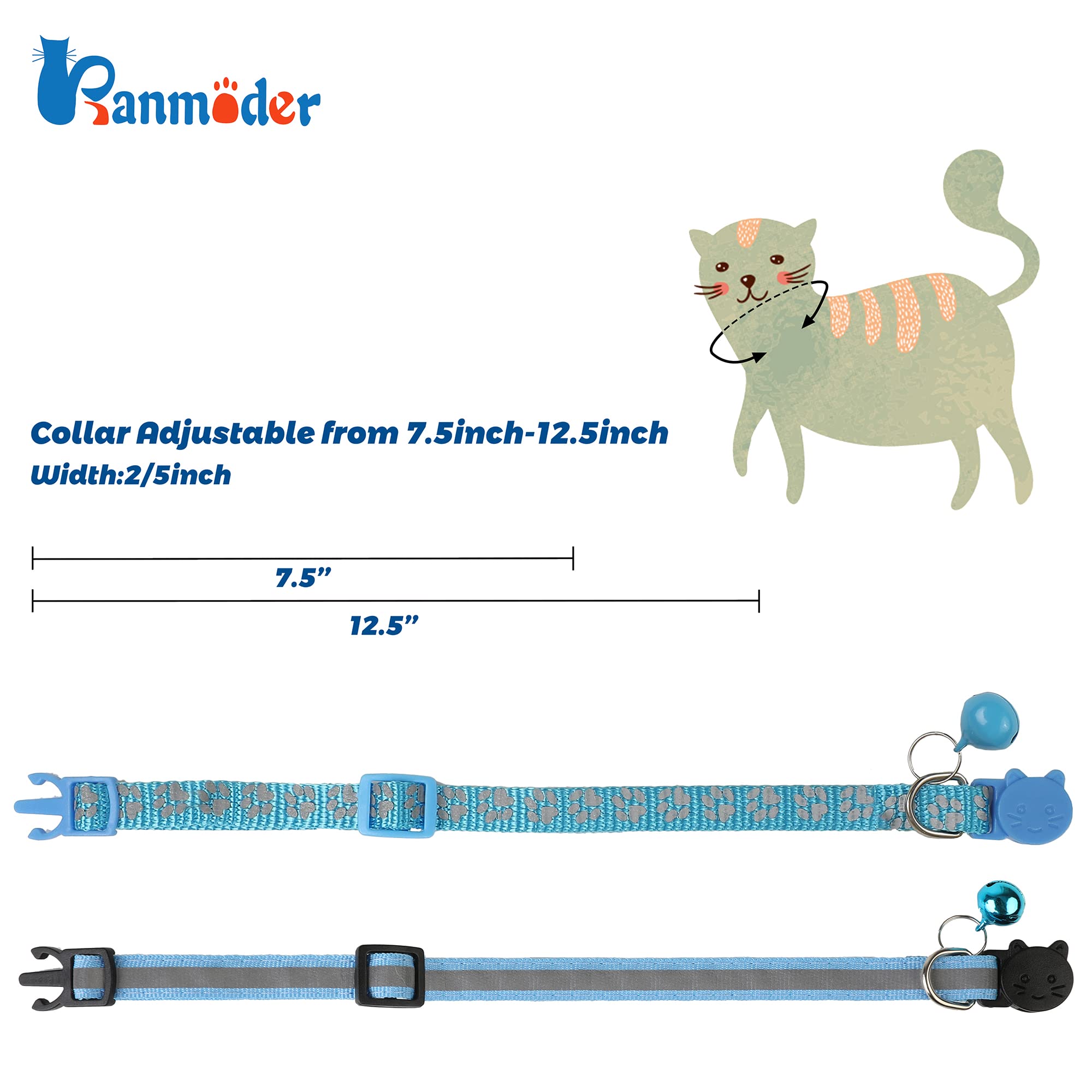 Reflektierendes Katzenhalsband, mit Glöckchen, personalisierbar, verstellbare Sicherheitsschnalle, Halsband für Männer, Katzen, Mädchen und Jungen, Himmelblau, 2 Stück