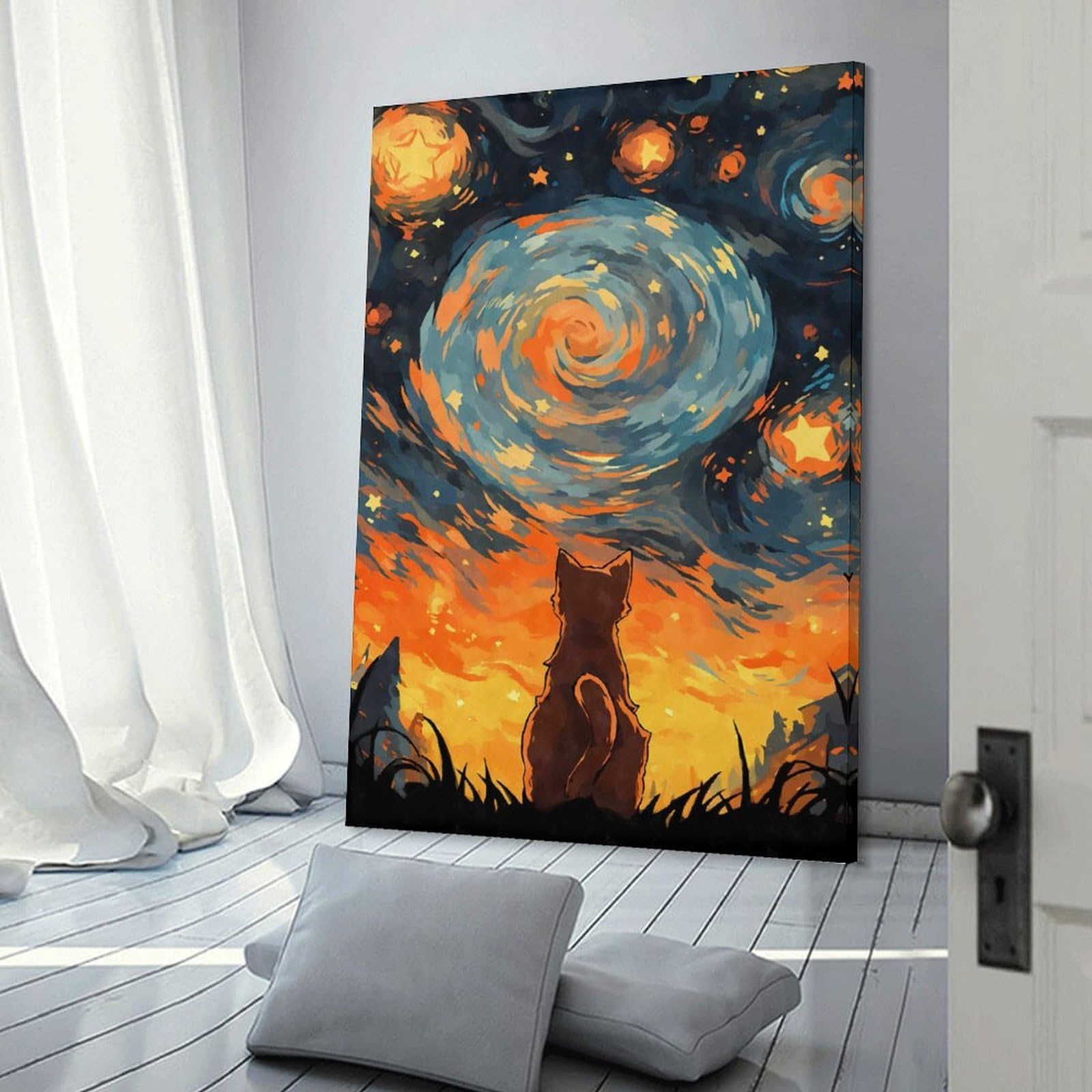 Junmoney Frame-Style-23 Orange Cat Starry Night Canvas Wall Decor, 08X12inch(20X30cm), For Wall Displays, Bedrooms Or Room Updates, Wall Decor Suited To Curated Displays