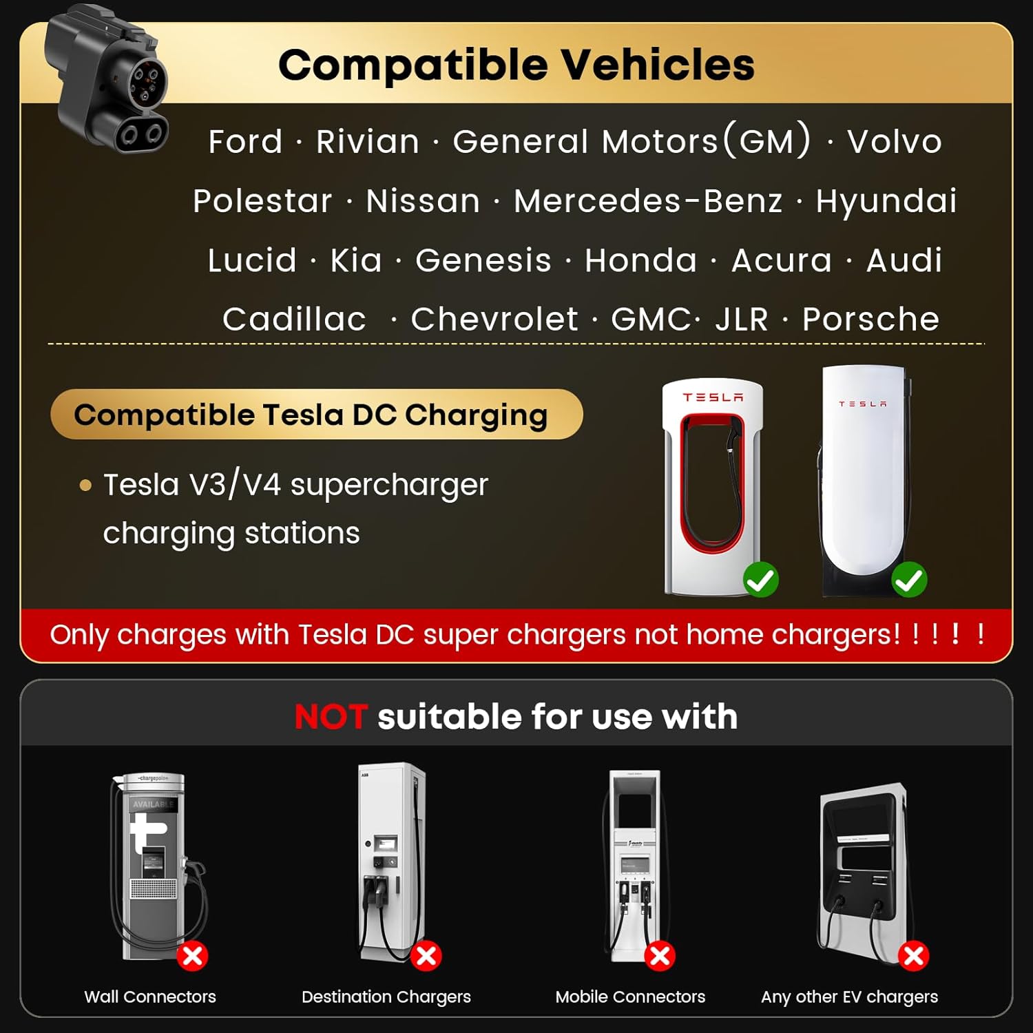 NACS to CCS Adapter, 500A/1000V fit for V3/V4 Tesla Supercharger, Nacs DC Adapter Compatible with Ford, Rivian, GM, Volvo, Polestar, Nissan, Mercedes-Benz, Hyundai, Lucid, Kia, Genesis