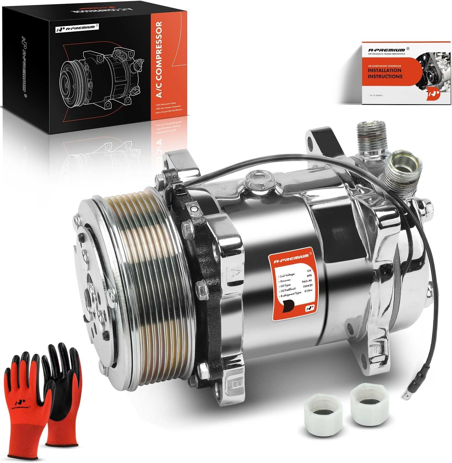 A-Premium Fit for Sanden 508 8PK Style, Universal A/C Compressor with Clutch, 8 Groove, Chrome Plated Aluminum Housing