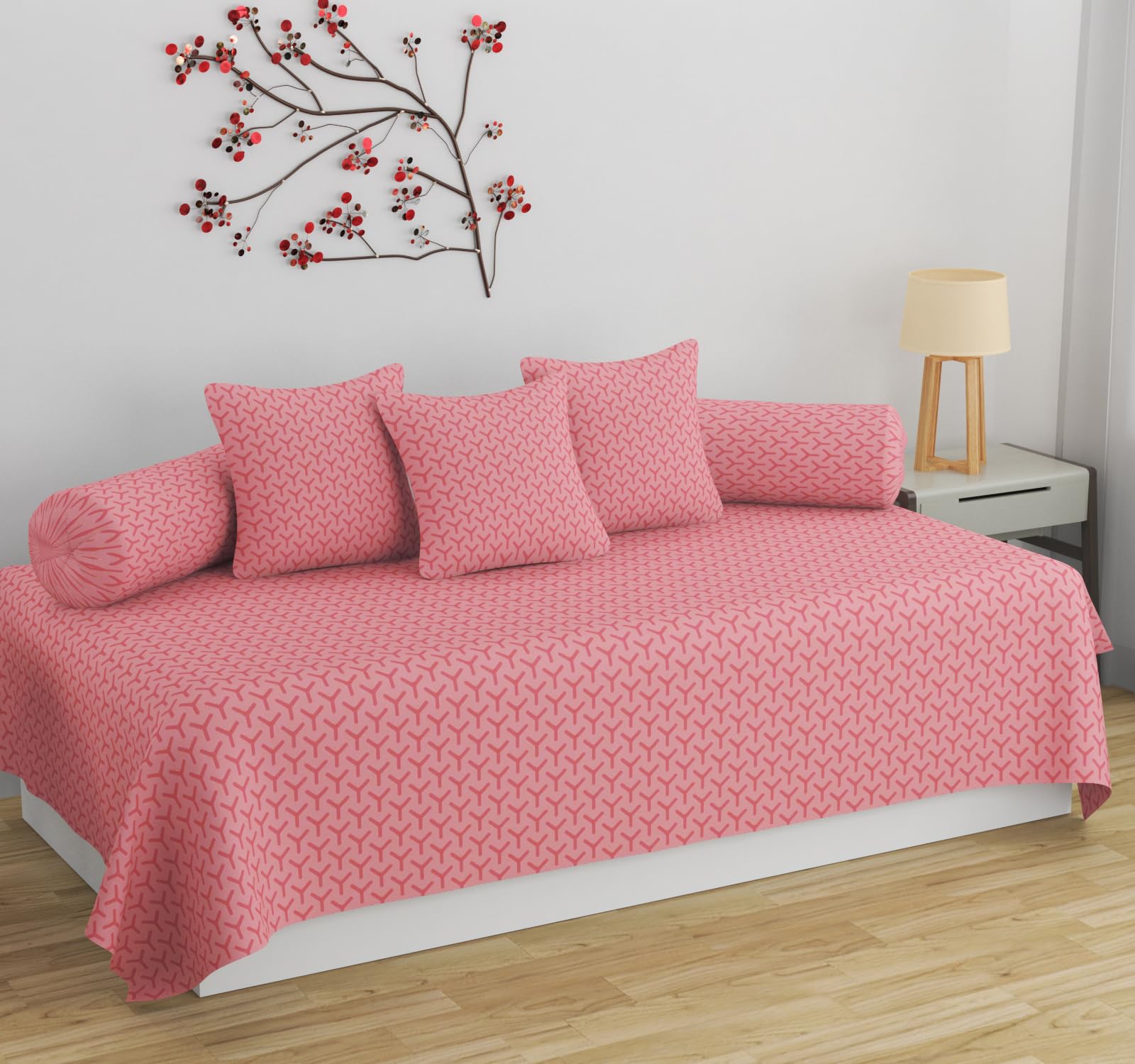 APALA Super Soft Cotton Self Design diwan Set for Living Room, diwan Set 6 Pieces One Single Bedsheet with 3 Cushion Cover,2 Bolster (Peach)-picture-15
