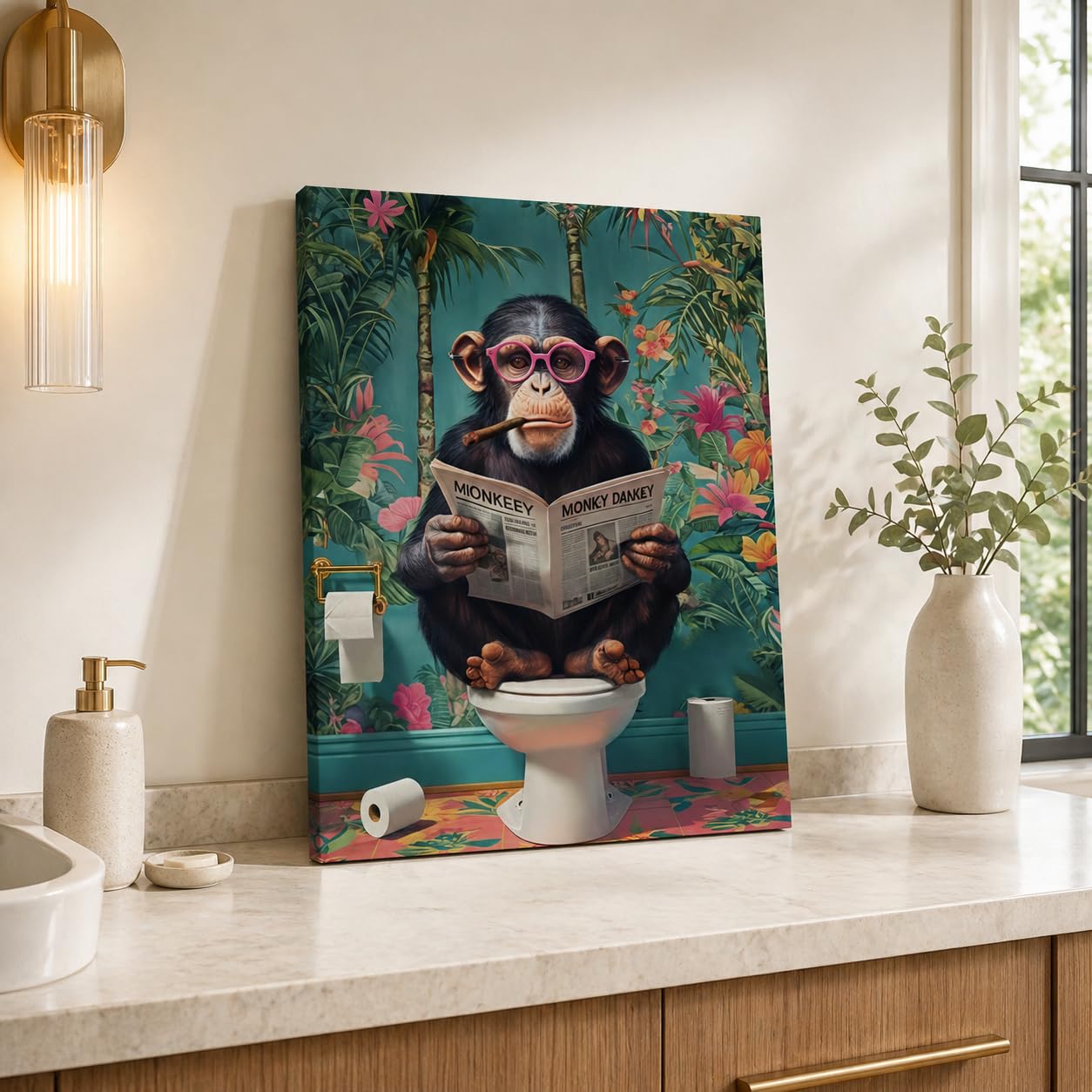 Qiukoo Funny Monkey Bathroom Wall Art – Waterproof Framed Canvas with Hanging Hooks, Toilet Wall Picture of Monkey Reading Newspaper, Humorous Bathroom or Toilet Decoration, 12 x 16 Inches — view 2