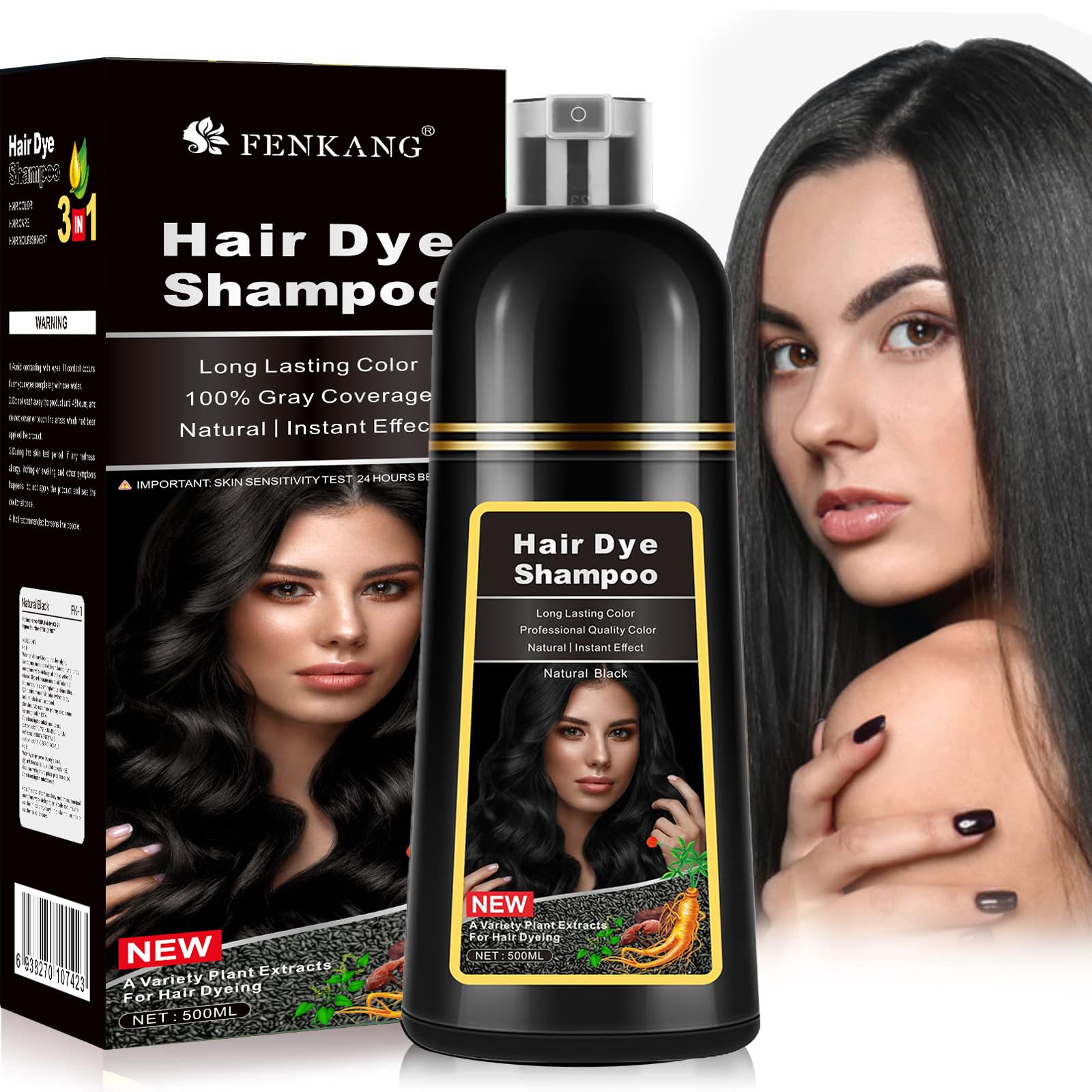 Black Hair Dye Shampoo for Women & Men 3 in 1 Black Hair Dye