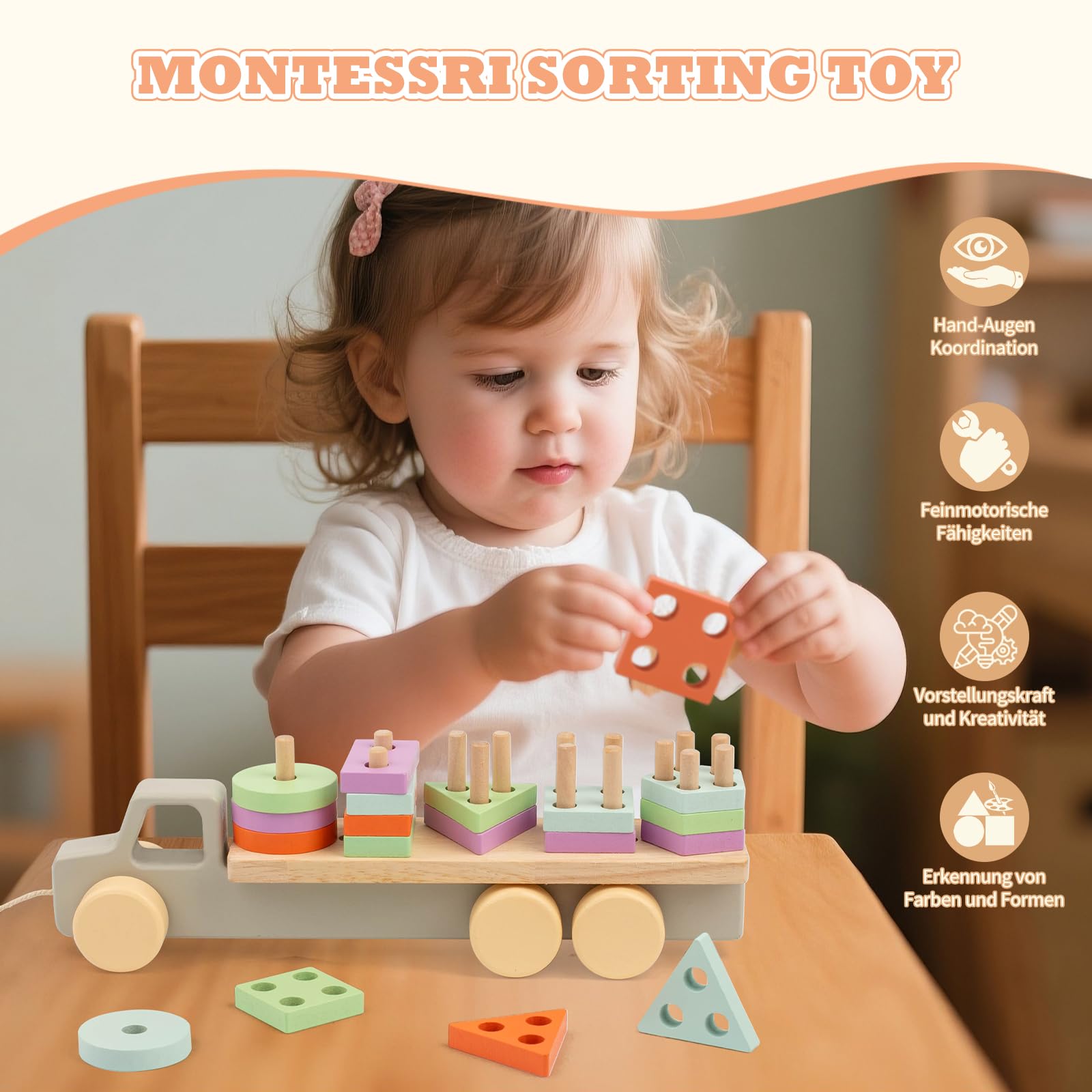 Montessori 1 an, Jeux Educatif Enfant Jouet d'Activité et de Développement 12 Mois et Plus, Jouets en Bois Jouet à Tirer Corde Jeux à Empiler pour Enfants en Bas Âge