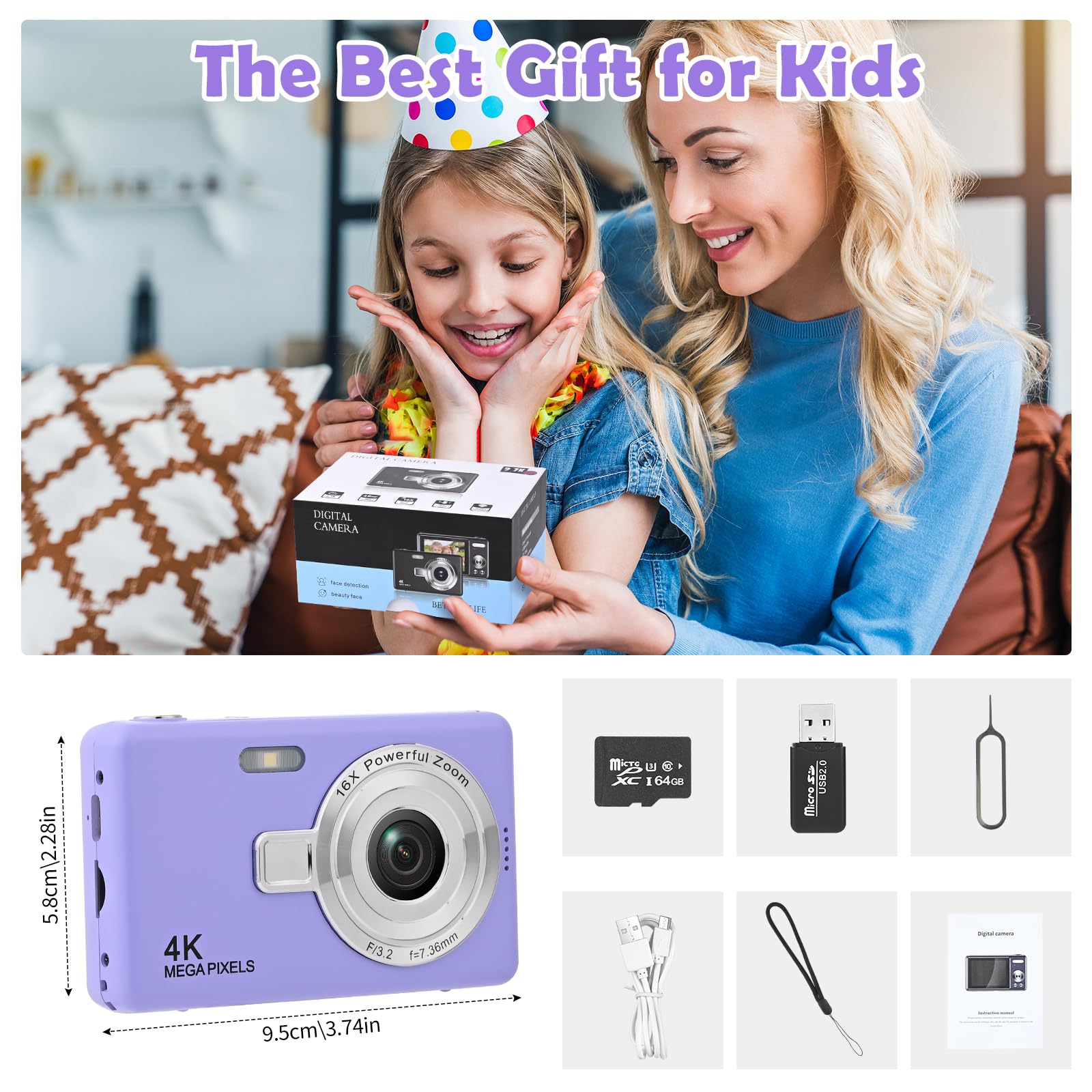 Macchina Fotografica Digitale con Scheda 64GB, 1080P 40MP Fotocamera Digitale Compatta con Zoom 8X Flash, Fotocamere Digitali Per Bambini Adolescenti Adulto Principianti (Viola)