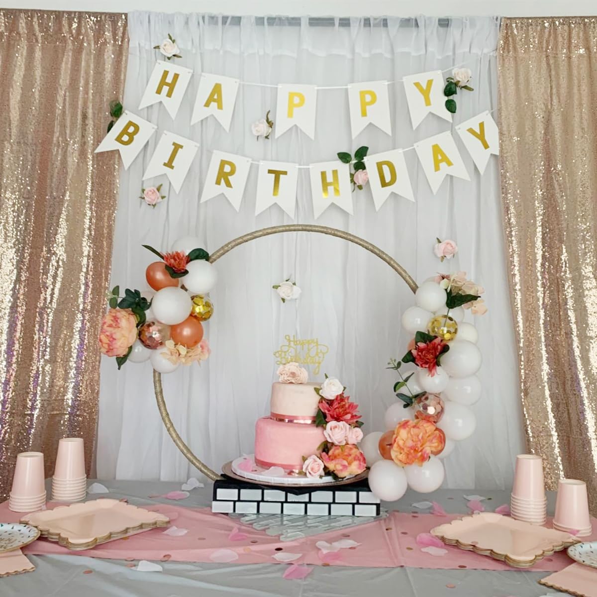Happy Birthday Banner With Shiny Gold Letters, Swallowtail Design Hanging Signs Party Decorations (White)