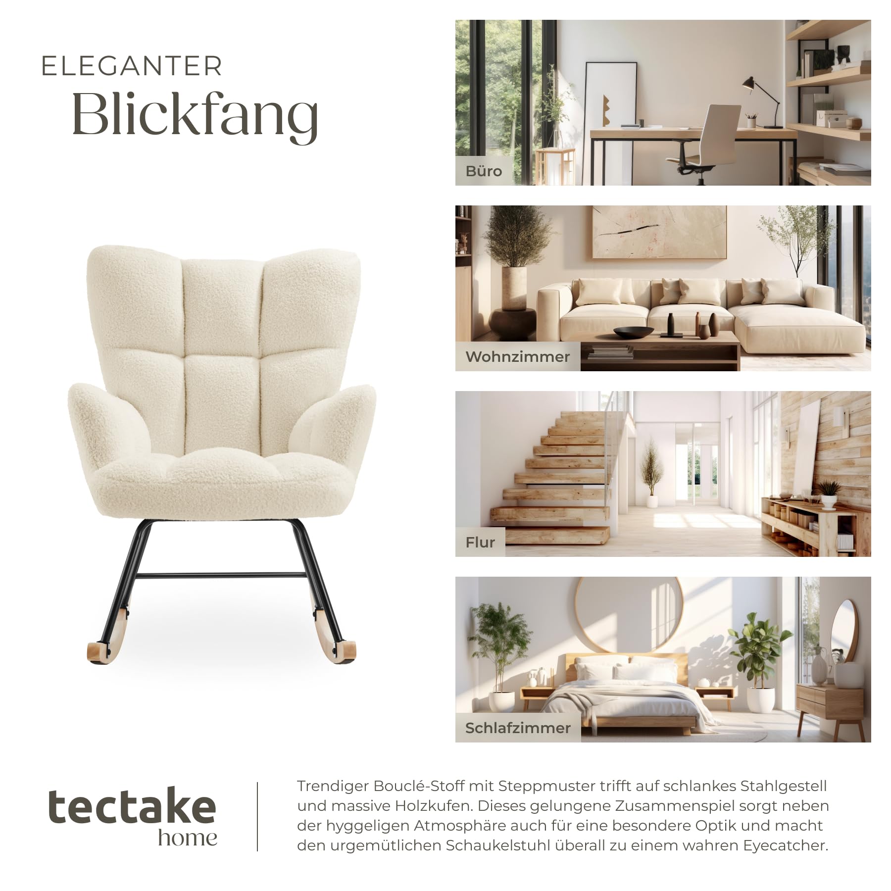 tectake® Skandi Schaukelstuhl, Sessel Wohnzimmer, Relaxsessel, Wohnzimmer Möbel Ohrensessel Vintage Look, Lesesessel, Schaukelsessel, Rocking Chair Babyzimmer, Schlafzimmer - beige