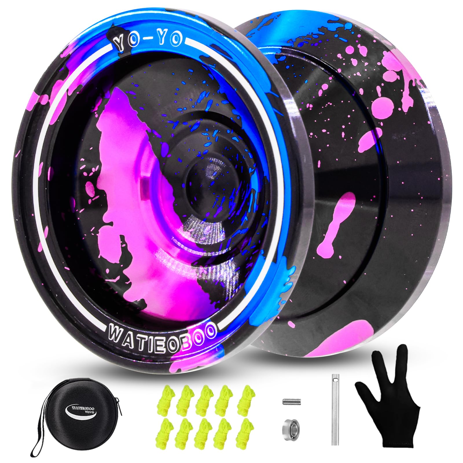 WATIEOBOO yoyo Professional Metal Trick Yo-yo Responsive & Unresponsive yoyos for Beginners and Adults yo yo, with Bearing Kit, 10 Strings, Case & Gloves