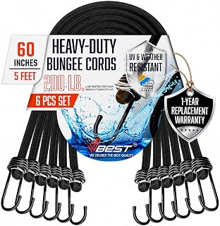Long Bungee Cords with Hooks - 6Pc 60 Inch Heavy Duty Outdoor Bungees