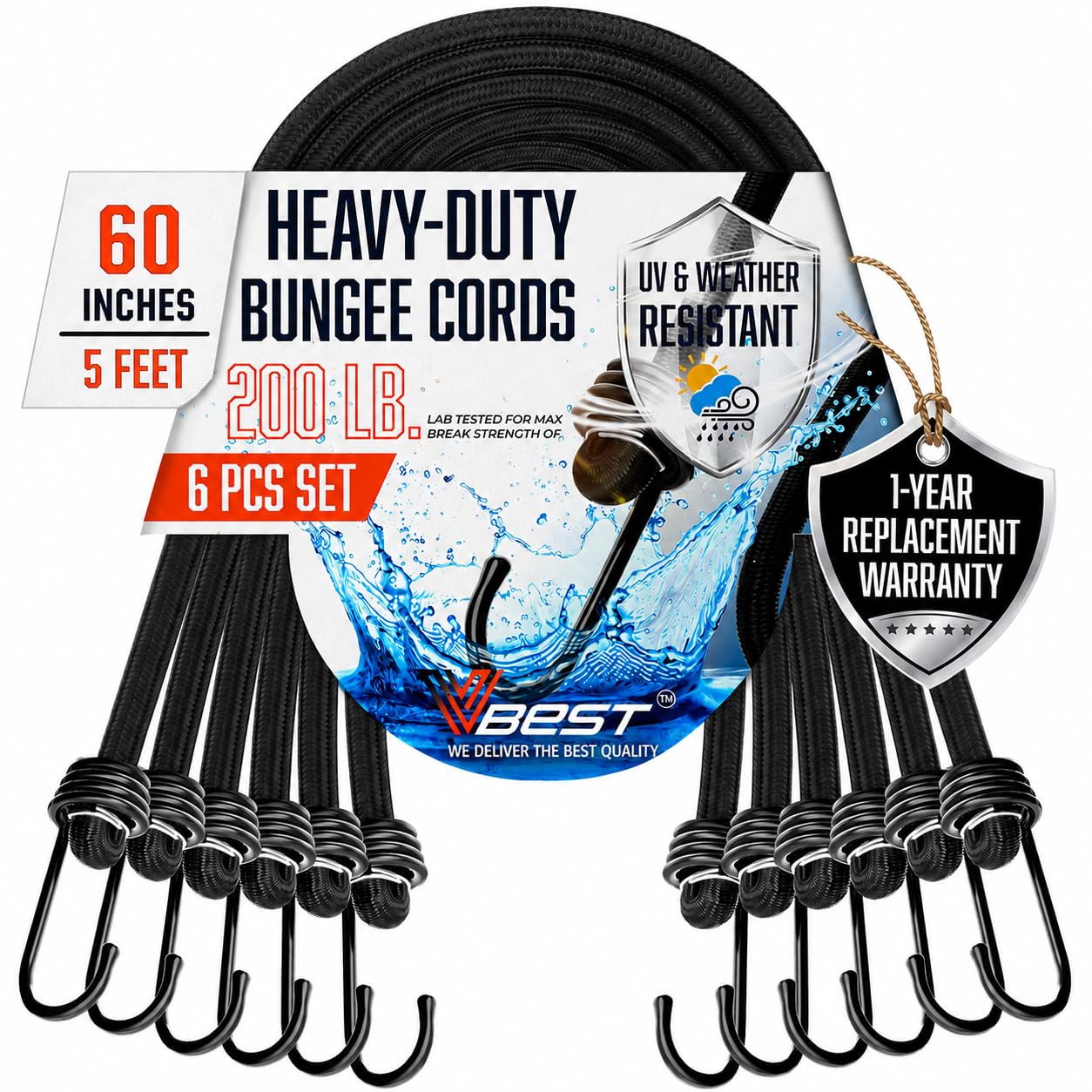 Long Bungee Cords with Hooks - 6Pc 60 Inch Heavy Duty Outdoor Bungees