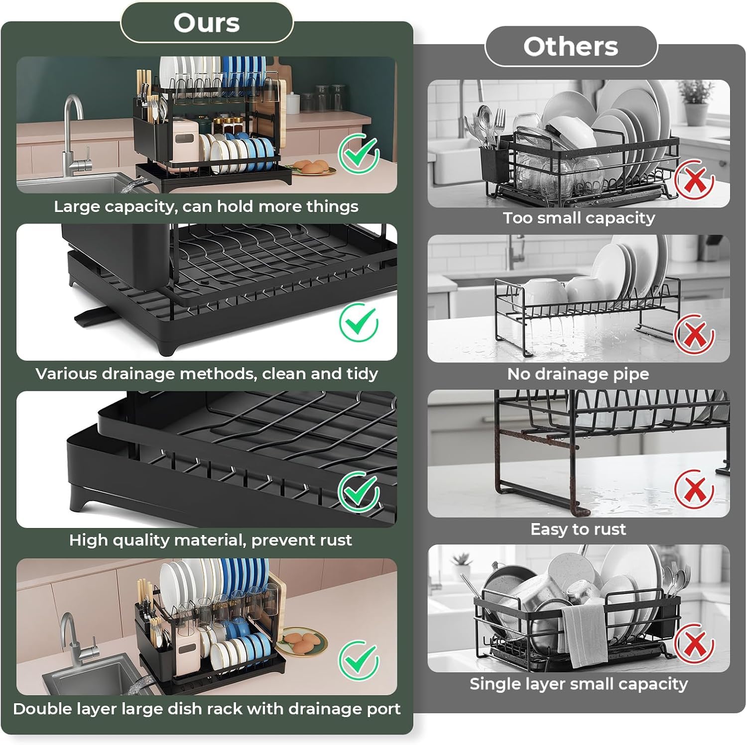 2-stöckiger Geschirrtrockner mit Abtropffläche, großer Küchenarbeitsplatten-Abtropfständer mit Besteckhalter, Teller-, Tassen- und Geschirrablage