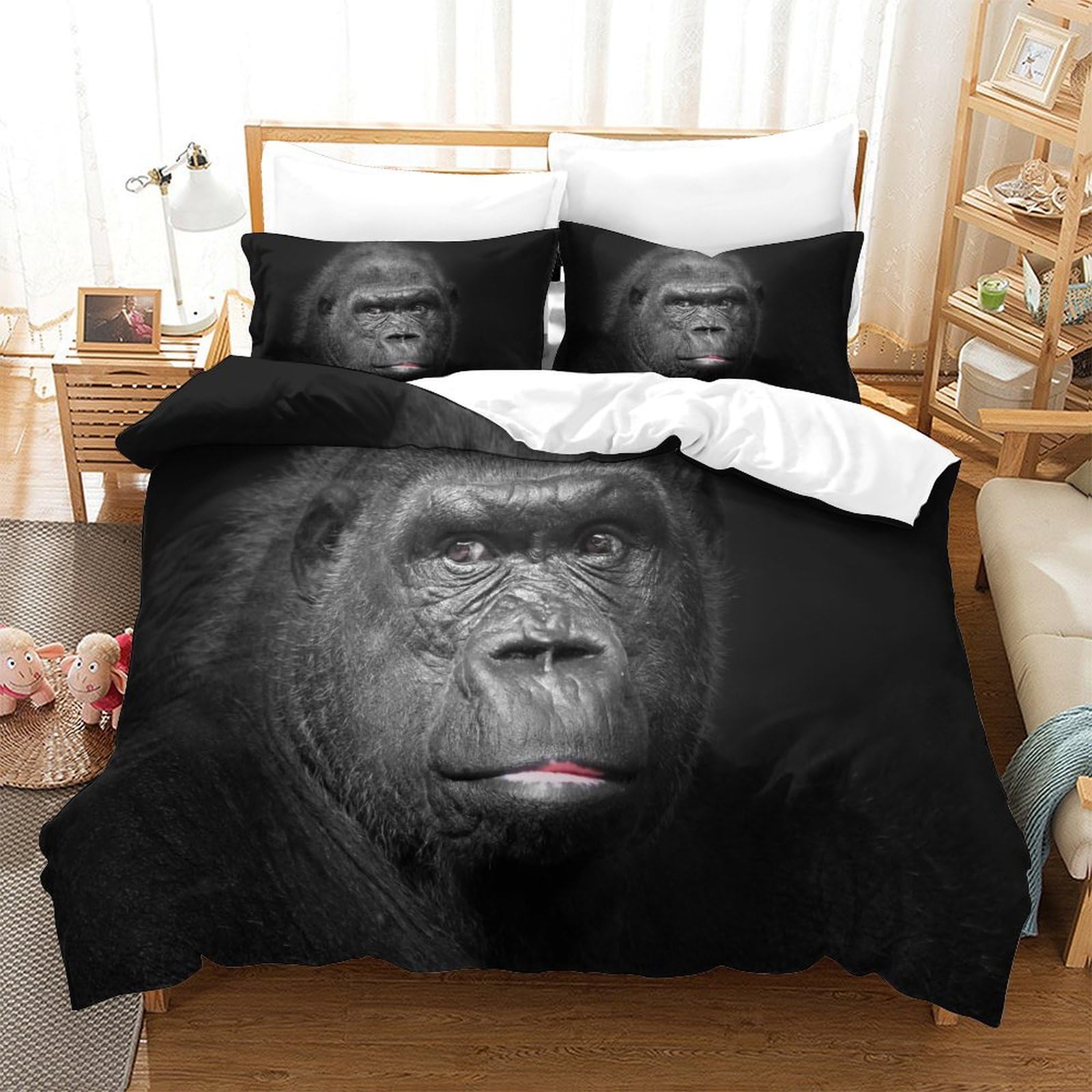 P1S9U7W5Y Lifelike Animal 3D Printed Gorilla Duvet Cover Set 3pcs Microfiber Primate Bedding Set Double