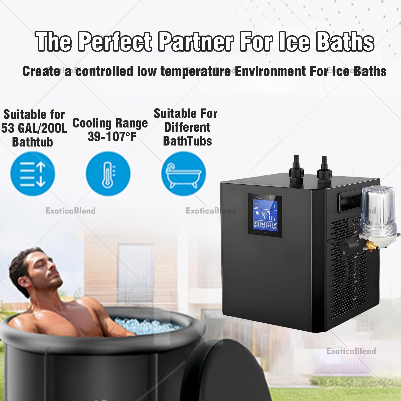 Eisbad-Wasserkühler für Kaltwasserbecken – 1/3 HP Kühlsystem mit externem Filter, Pumpe & isolierten Schläuchen – Mit Fernbedienung – Portables Kühlsystem zur Regeneration