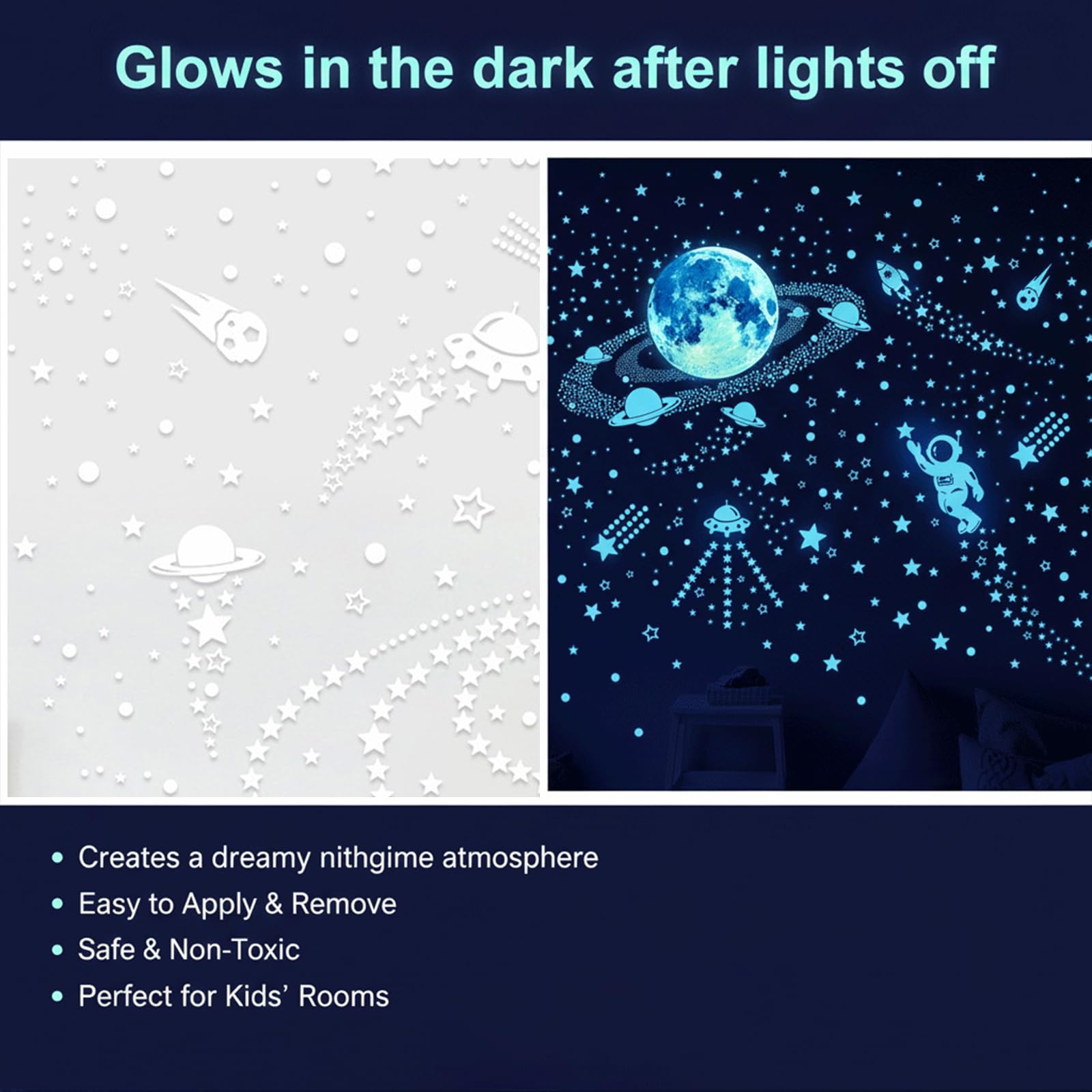 Glow in The Dark Stickers 1199pcs - Luminous Stars, Moon, Rocket 、 Planets Wall, Blue, Extra Large - Image 2