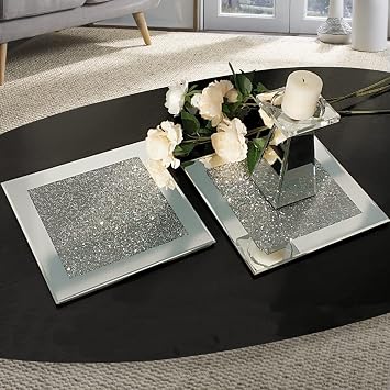 GIMORRTO Glass Mirrored Coaster 2 PC, Crushed Diamond Square Cup Mat 10" Decor on Tabletop for Bar Tools Dining Table