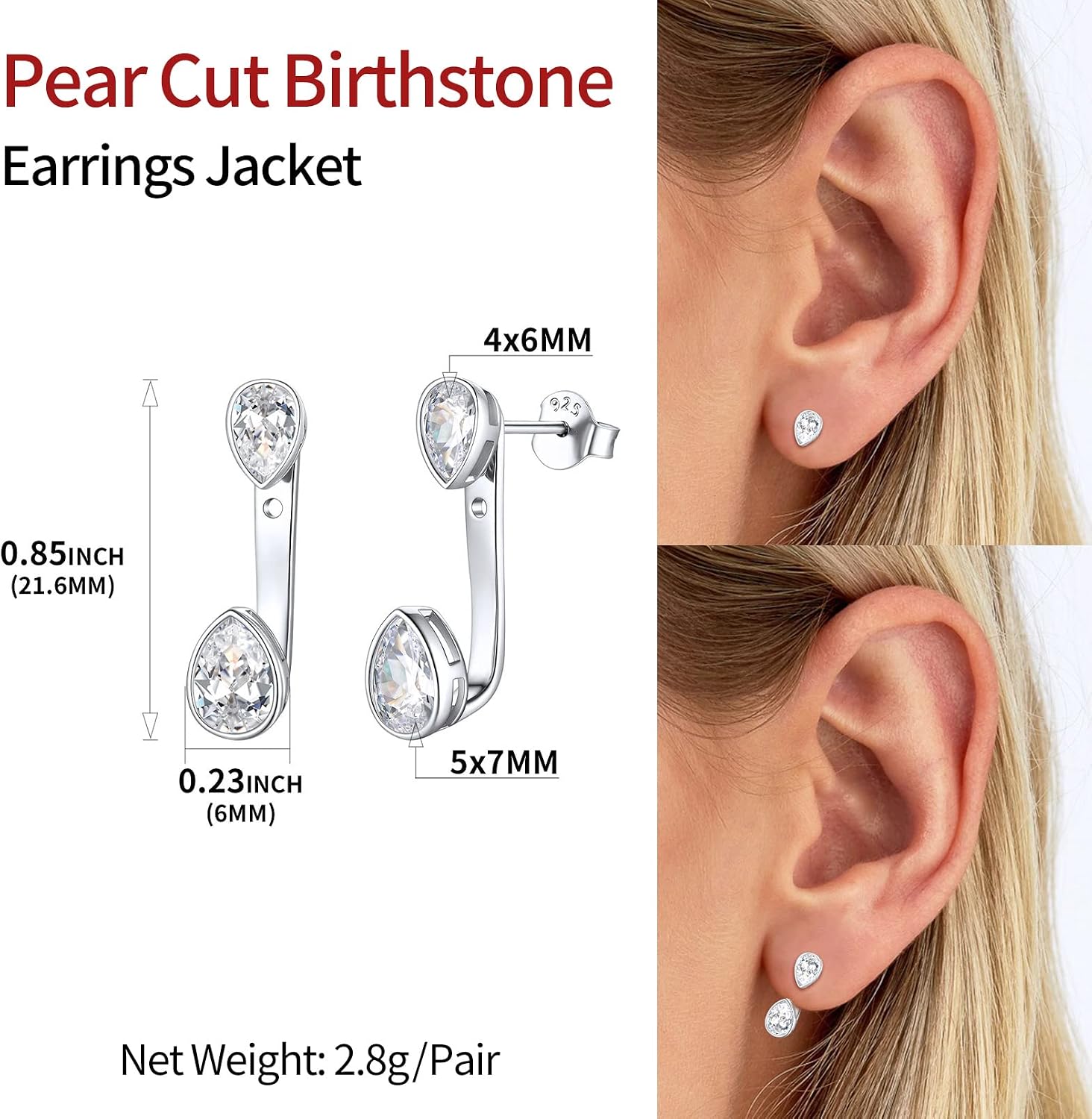 ChicSilver 925 Sterling Silver Double Pear Shape Birthstone Ear Jacket Front Back Earrings for Women