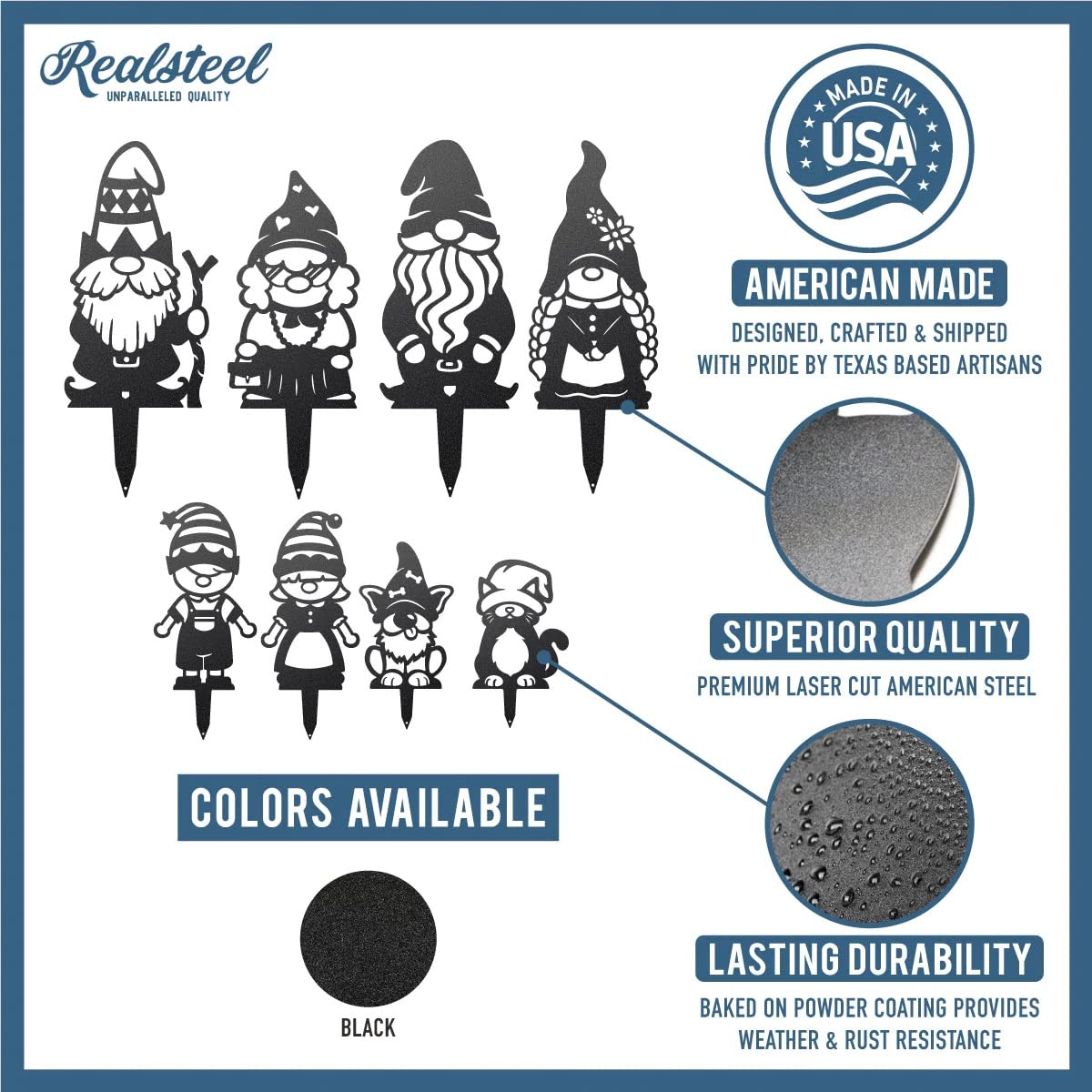 RealSteel - Build Your Gnome Family - Outdoor Garden Stakes - Cute Farmhouse Yard Decor - Metal Plant Stakes - Chose Your Set: Grandma, Grandpa, Mom, Dad, Son, Daughter, Dog and Cat (Teen Girl)