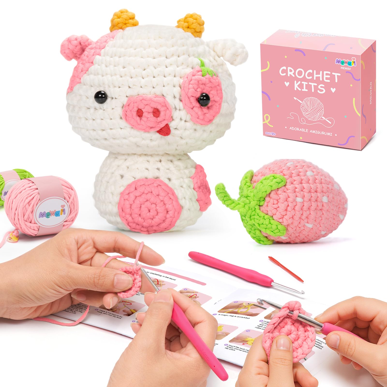 Mewaii Crochet Kit for Beginners, Complete DIY Kit Animals with 40%+ Pre-Started Tape Yarn Step-by-Step Video Tutorials for Adults Kids (Strawberry Cow)