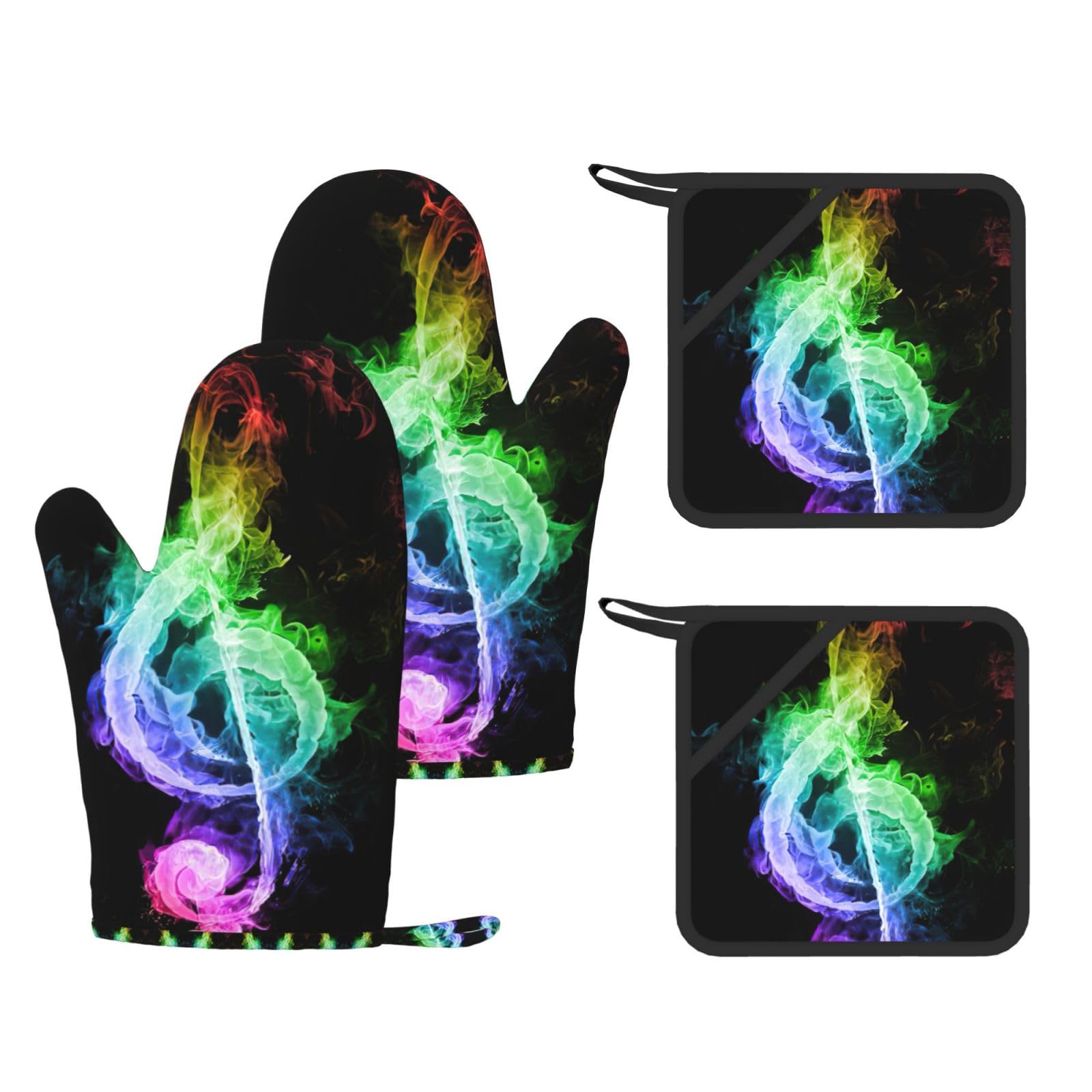 Colorful Music Notes Printed Potholder and Oven Mitt Set of 4, High Heat Resistant Cooking Gloves for BBQ Grilling