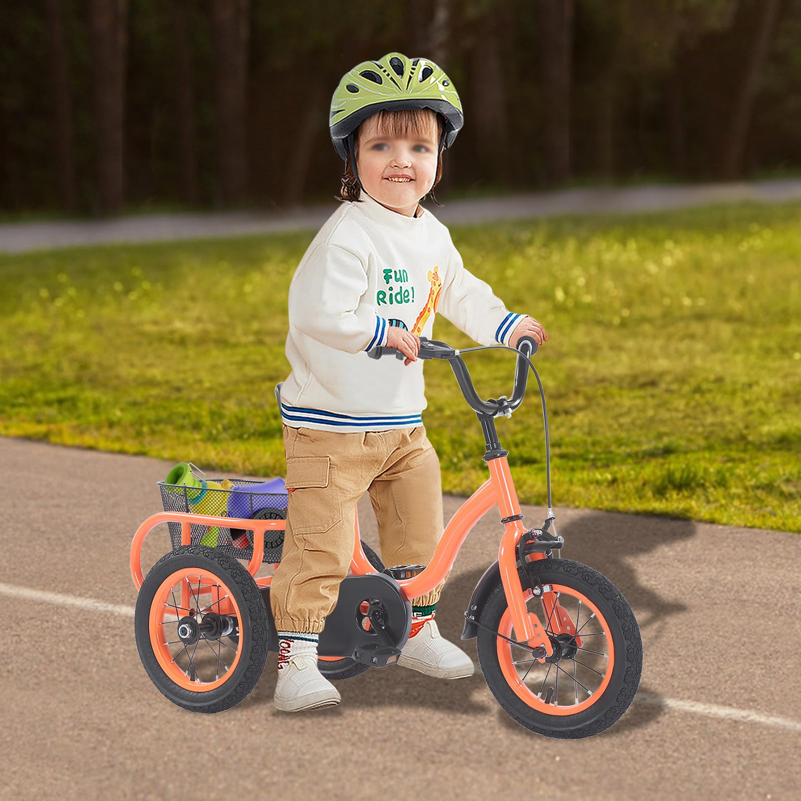 Triciclo infantil de 12 pulgadas, bicicleta infantil con cesta grande, triciclo de altura ajustable, adecuado para niños de 2 a 5 años y una altura de 90 a 115 cm, naranja