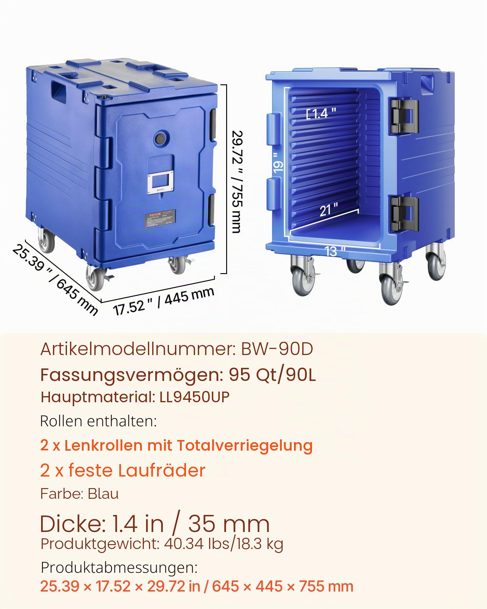 VEVOR Isolierter Lebensmittelbehälterträger, 90 L Gastronomie-Thermobox, LLDPE-Lebensmittelbehälterträger mit Einteiliger Schnalle, Frontlader mit Griffen, Geeignet für Restaurant, Kantine usw. Blau