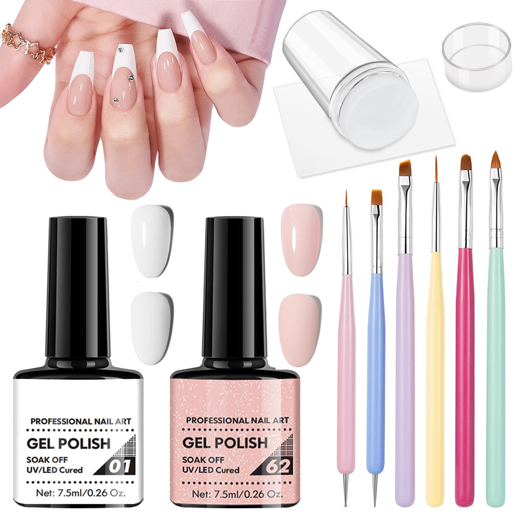 QIUFSSE French Manicure Kit,French Nail Stamper,Nude Pink and White French Tip Gel Polish,All-in-One French Nail Kit,Ease to Use French Tip Tool for