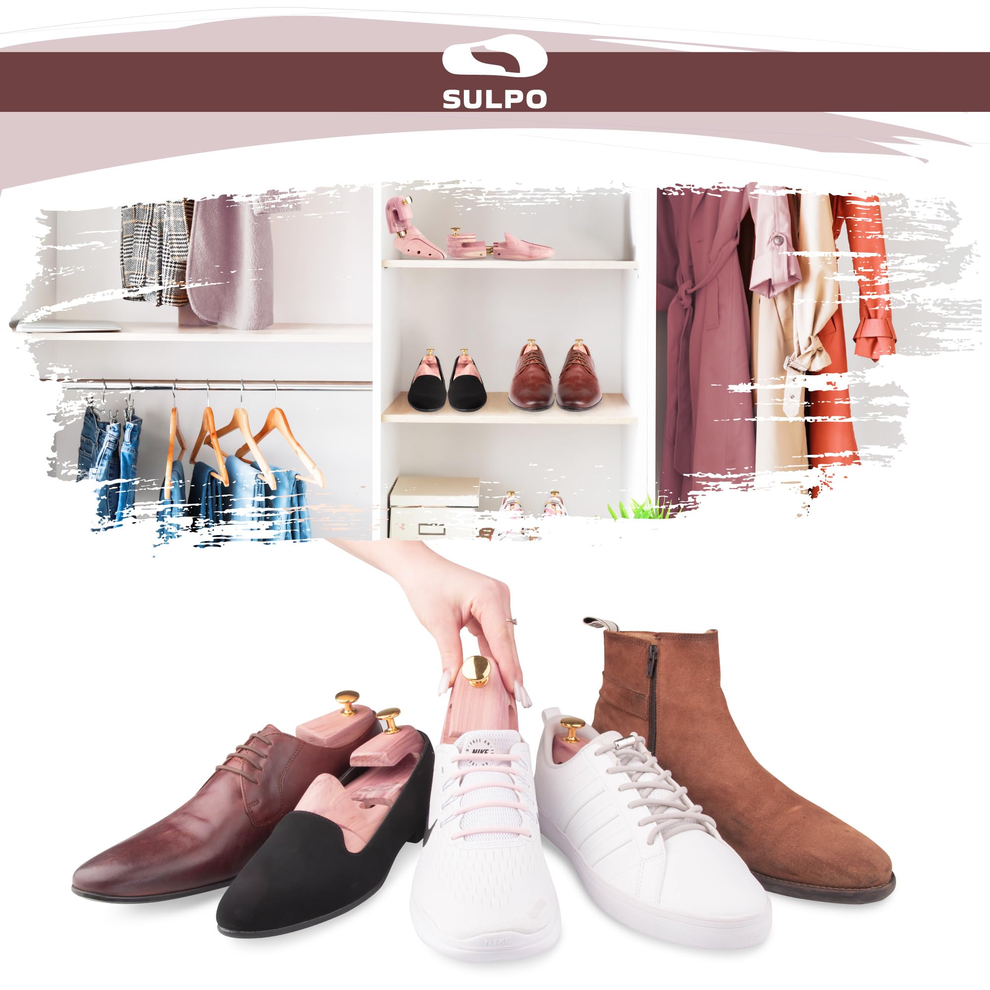 SULPO Premium Tendiscarpe uomo e donna - Allarga scarpe in legno di cedro, calzascarpe in legno incluso - Forme per scarpe con design ergonomico - Lunghezza e larghezza regolabile - Diverse misure