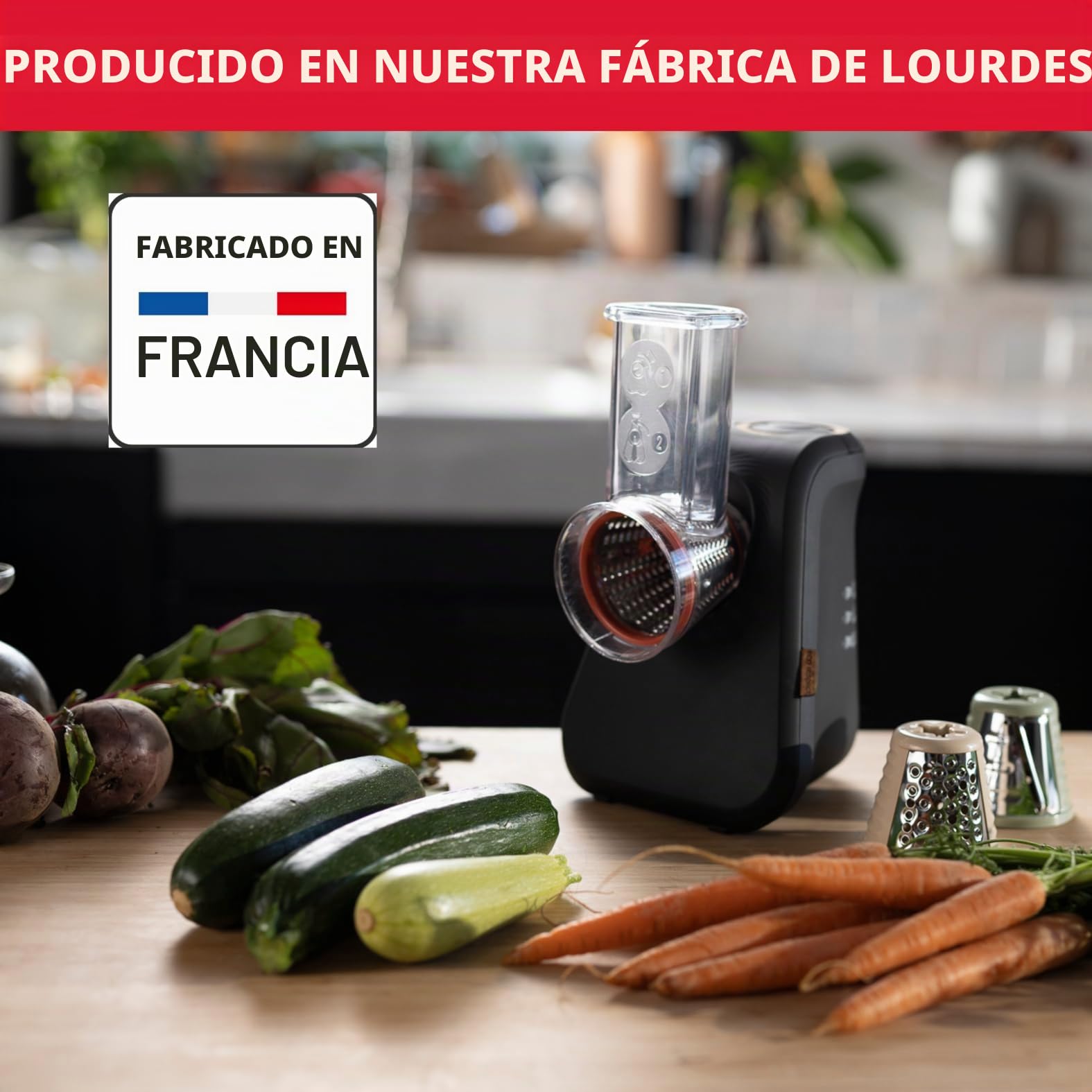 Moulinex Rallador Eco respect DJ77EN Rallador de alimentos de 200W, 3 conos para cortar en rodajas, tiras o rallar, rallador de queso, directo al plato, fabricado en Francia, 39% plástico reciclado