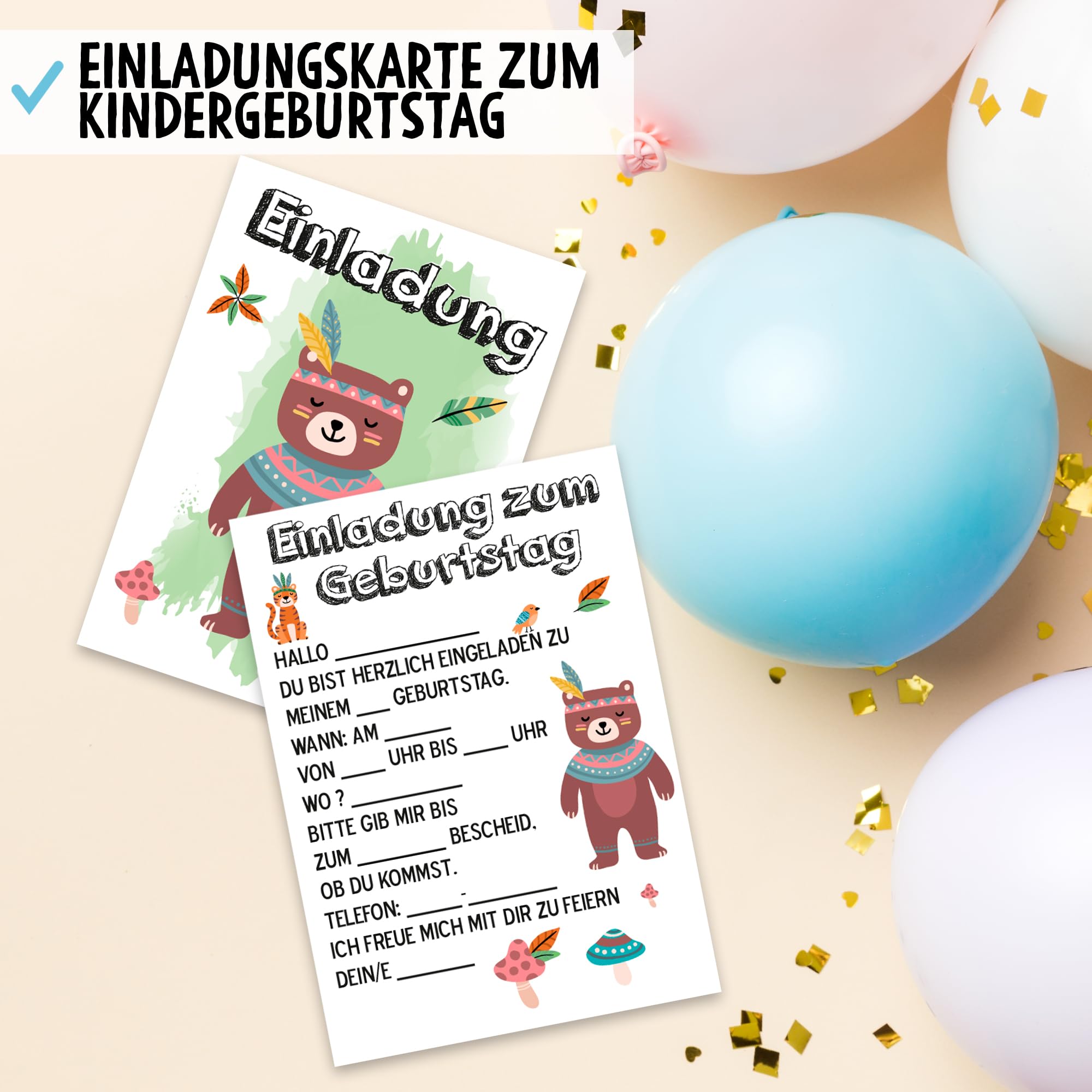 OWLBOOK Bär Boho Braunbär 50 Einladungskarten Kindergeburtstag Junge Mädchen Kinder - Wilde Tiere Geburtstag - Kindergeburtstagseinladungen Wald Tiere Zoo Dschungel Einladungen zum Ausfüllen mit