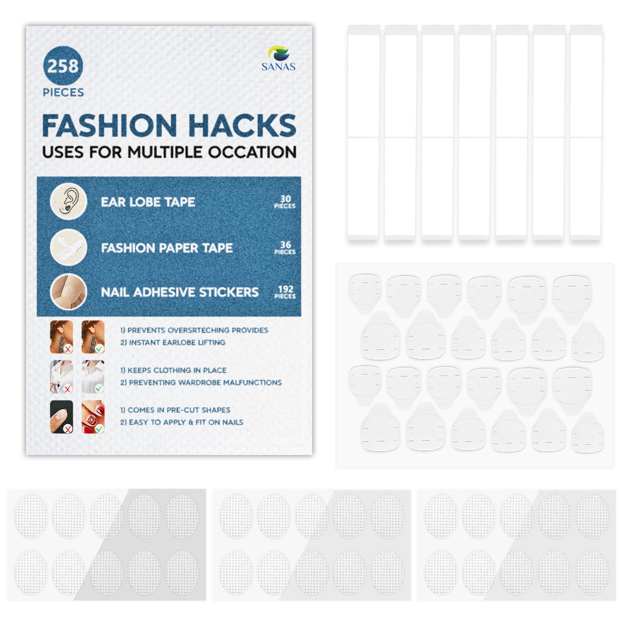 Earlobe Supporter (3 Sheets, 30Pcs) Nail Stickers for Women (8 Sheets, 192Pcs) Fashion Tape (36Pcs) Nail Aadhesive Glue Ear Stickers for Heavy Earrings Double-Sided Clothing Tape Combo (Clear)-image-3