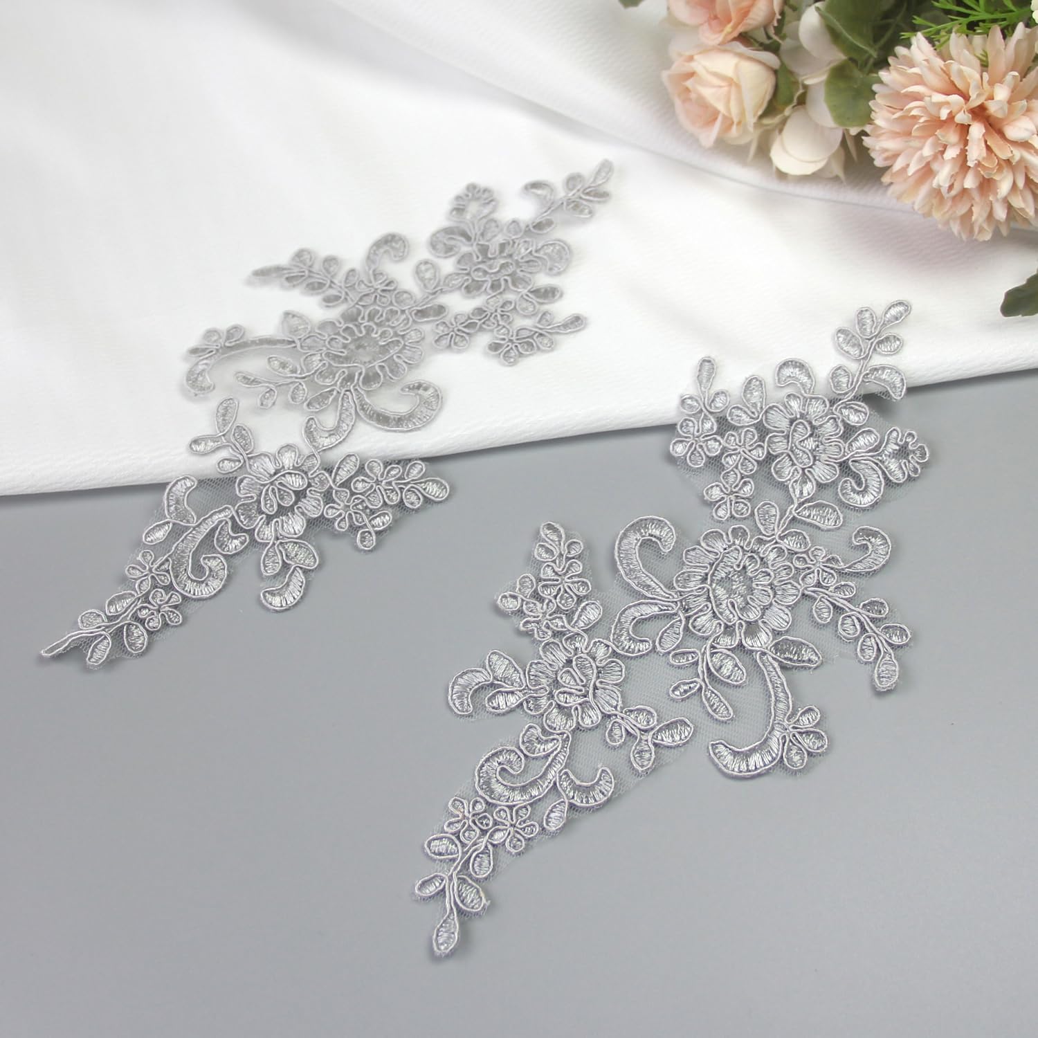 1 Pair Lace Applique,Lace Appliques Embellishments for Dance Costumes,Sequin Laces Applique Dress,Flower Embroidery Patch for DIY Sewing Wedding Crafts Decoration(1 Pair/Silver Gray)