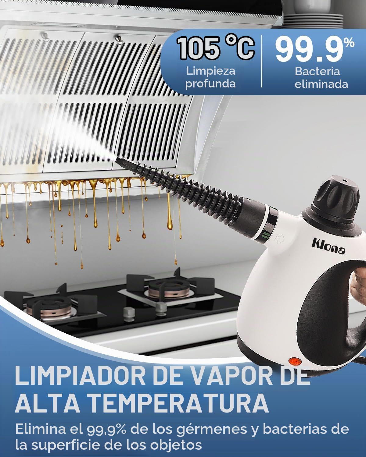 KLONA Limpiador a vapor hogar, portátil limpiador, con 10 accesorios | para alfombras, cortinas, sofás, cocina, baño y más | presión: 3,5 bar | potencia: 1050W | sin químicos