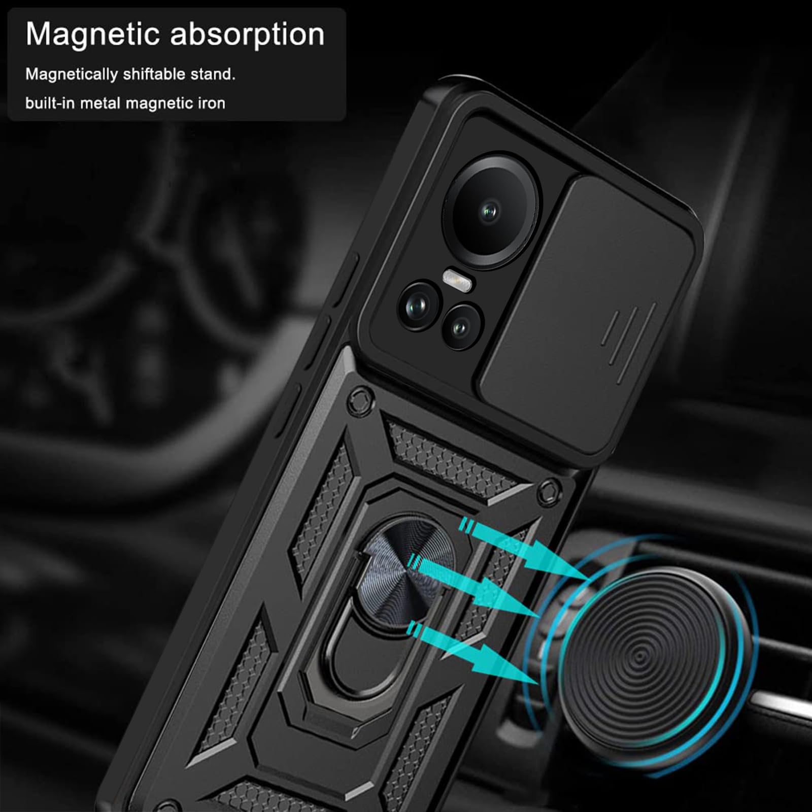 Custodia Per Oppo Reno 10 / Reno 10 Pro 5G Con Protezione Fotocamera E Anello Metallico | Cover Militare Antiurto In Silicone TPU | Nero