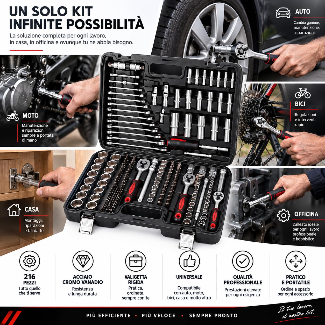 A.M.C. Coffret à outils 216 pièces – Kit de clés à douille, cliquet, douilles, embouts et clés mixtes – Mallette professionnelle complète pour voiture, moto, vélo et bricolage