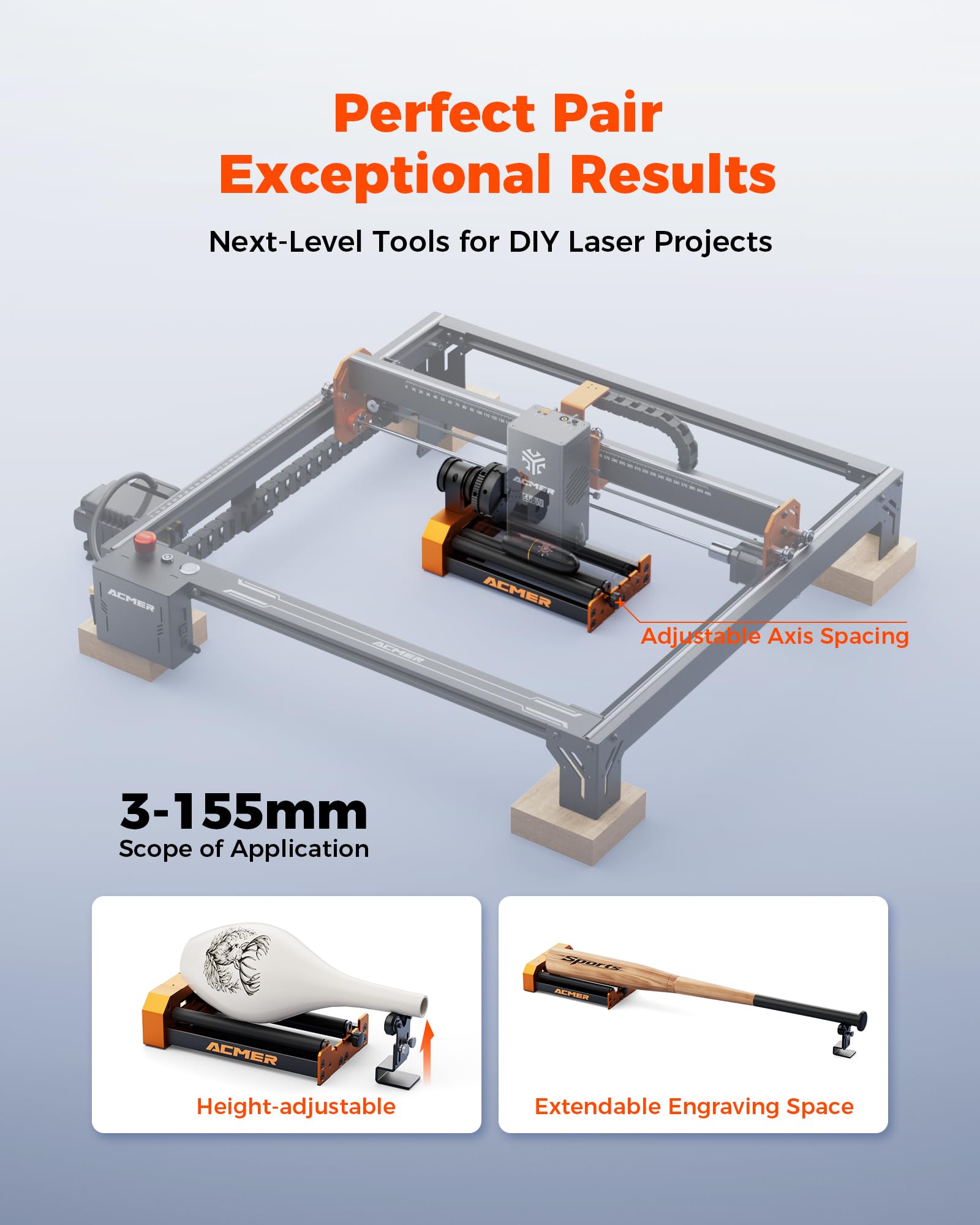 ACMER M4 laserowy wałek obrotowy 360° do osi Y do grawerowania cylindrycznych obiektów, regulowana średnica od 3 do 150 mm, kompatybilny z S2/T1/K1 i większością grawerów laserowych