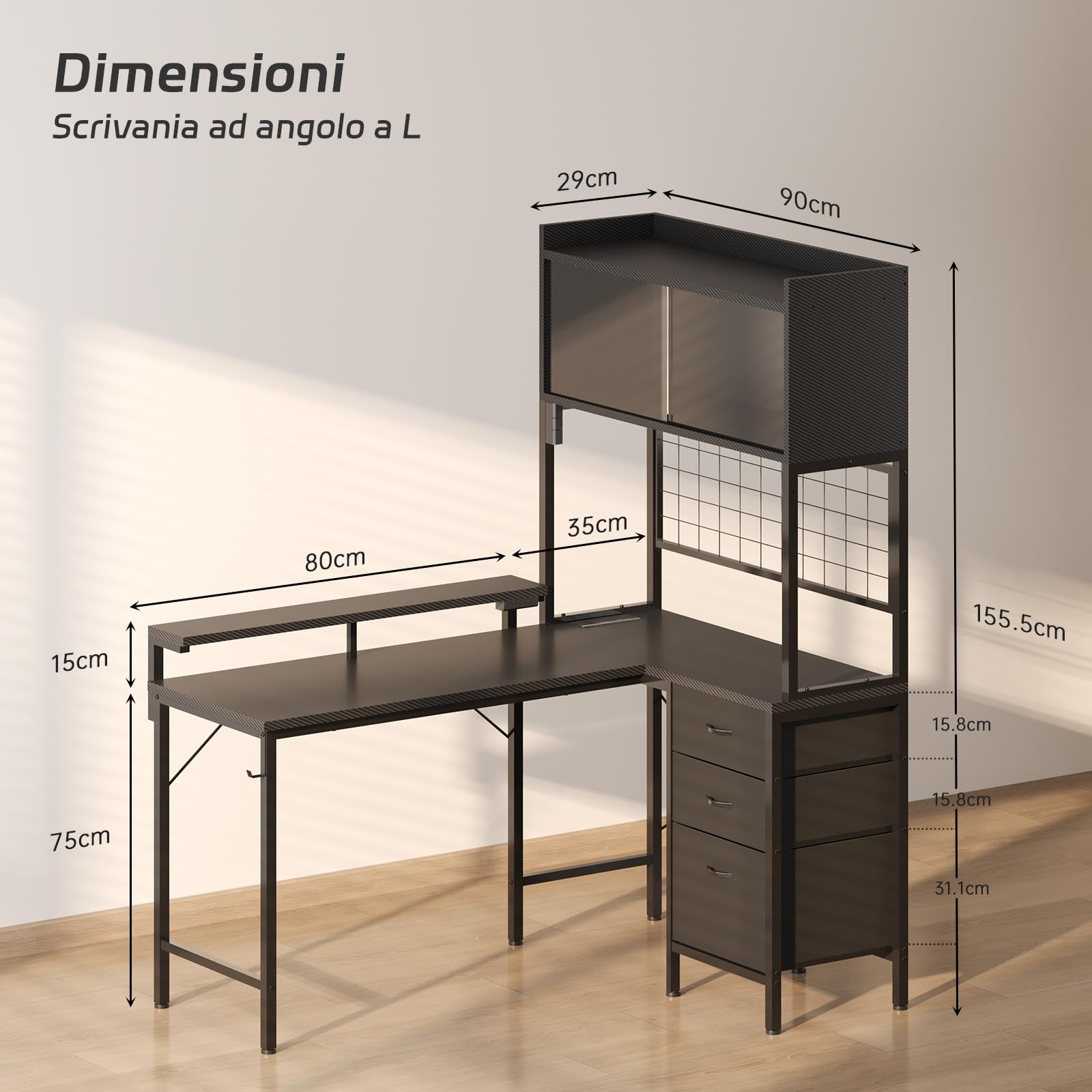 Devoko Scrivania Gaming Angolare 115x90 cm LED/Presa Nero | Struttura a L con mensola, griglia, 3 cassetti e supporto monitor per giocatori