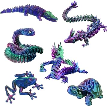 6PCS 3D Printed Animals, Joint Articulated 3D Printed Fidget Toys Animal Collectable for Adult Home and Office Decoration Gift Blue Green Purple