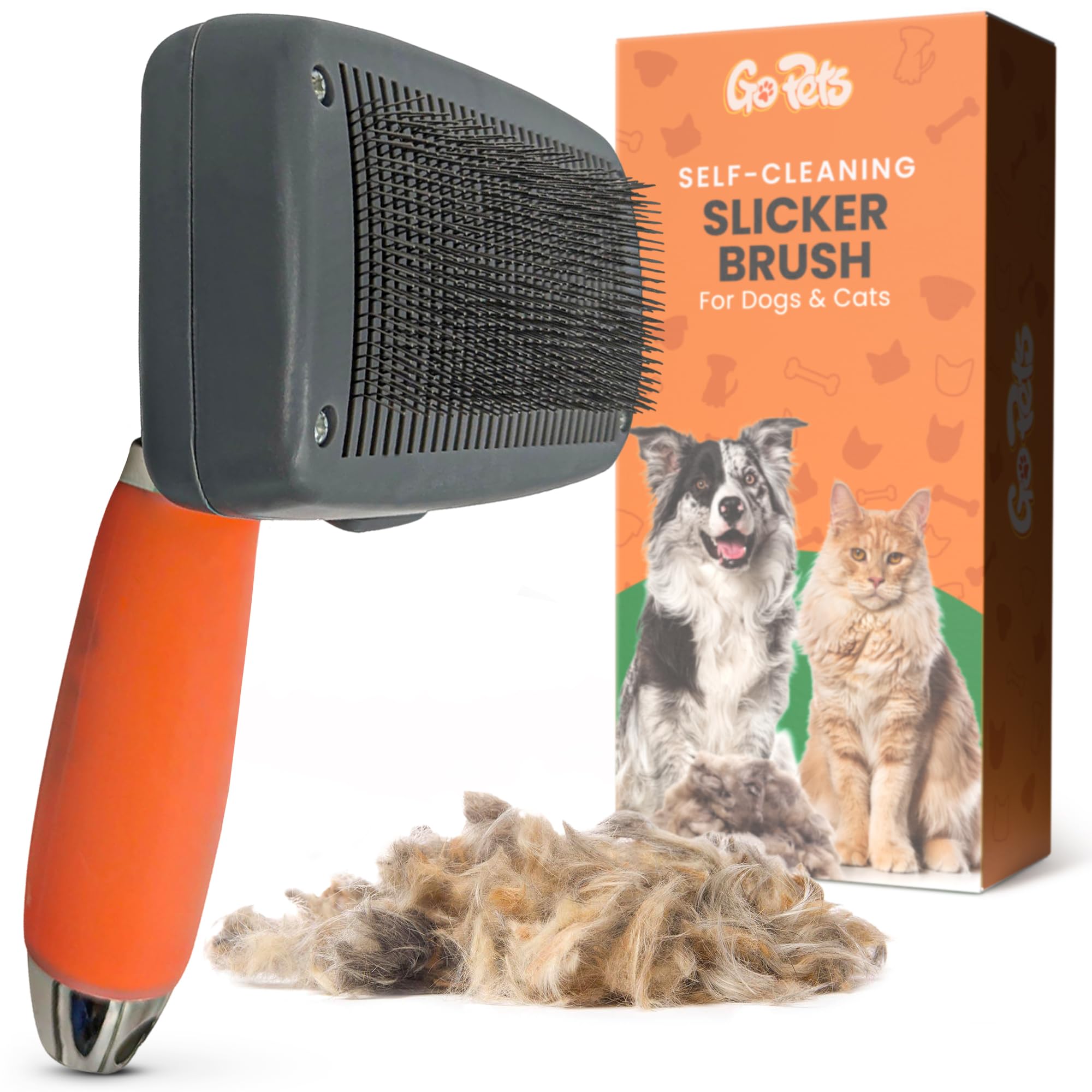 GoPets Self-Cleaning Slicker Brush for Dogs & Cats, Deshedding & Dematting Comb with Retractable Bristles, Undercoat Tool for Long Haired Dogs, Non-Slip Handle, Detangler for Mats & Shedding Fur