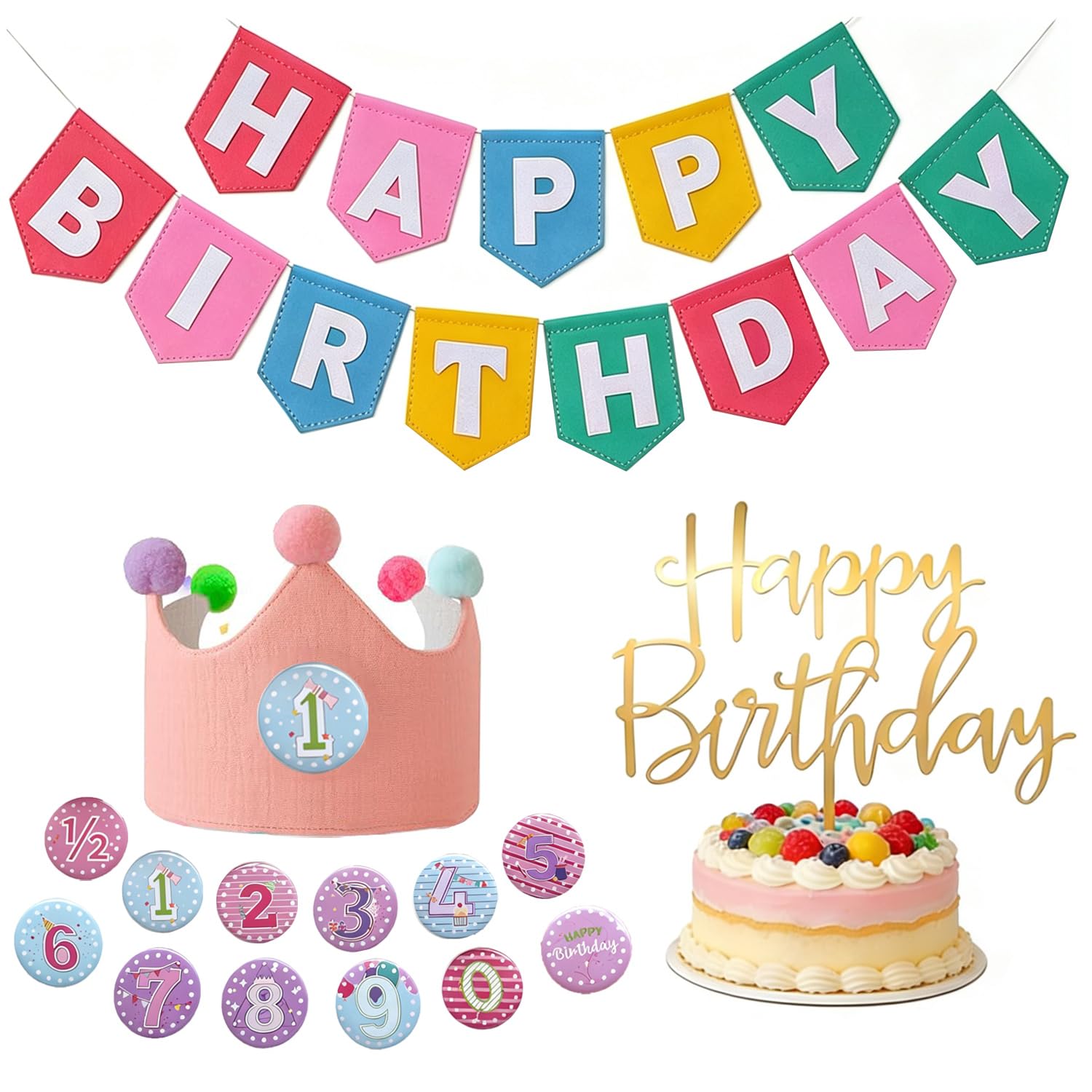 Felt Happy Birthday Banner Decorations Kit - Happy Birthday Felt Banner, Birthday Crown with Number, Gold Happy Birthday Cake Topper for Halfway to One, 1st to 9 Birthday Party Supplies (Macaron)