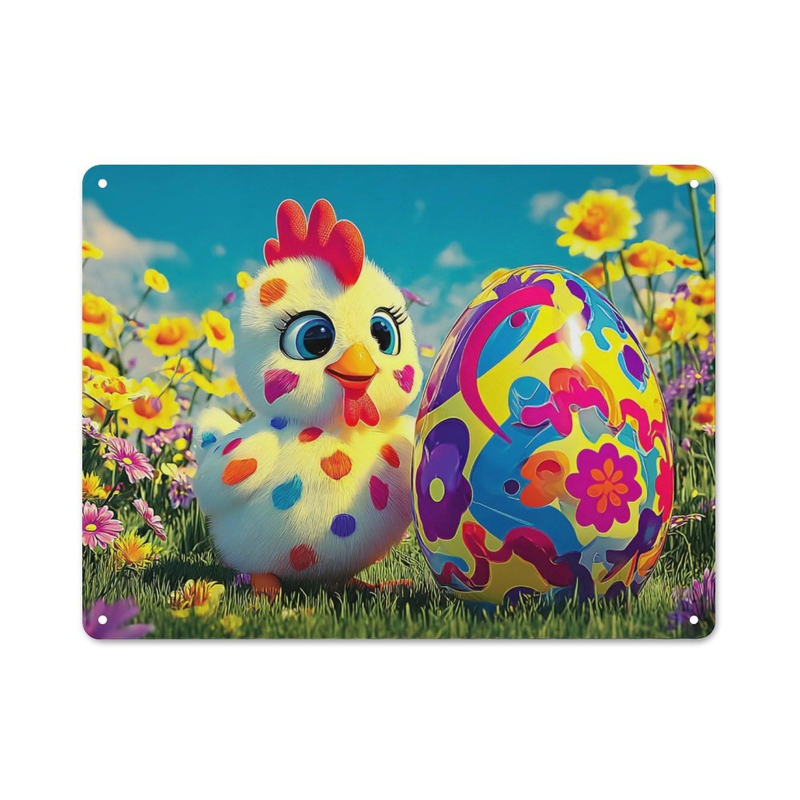 Junmoney Colorful Easter Chick With Egg In Flowers Garden Room Metal Sign 30X40cm, Vintage Shed Wall Decor For Conservatory, Home Bar Or Utility Room