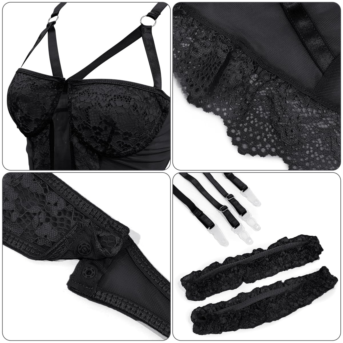Conjuntos de lencería de Malla para Mujer con Liguero Ancho, Body con Aros Push up, Talla única, Babydolls de Peluche con Tiras de Encaje Floral Sexy, Conjunto de Ropa Interior con puños en el Muslo