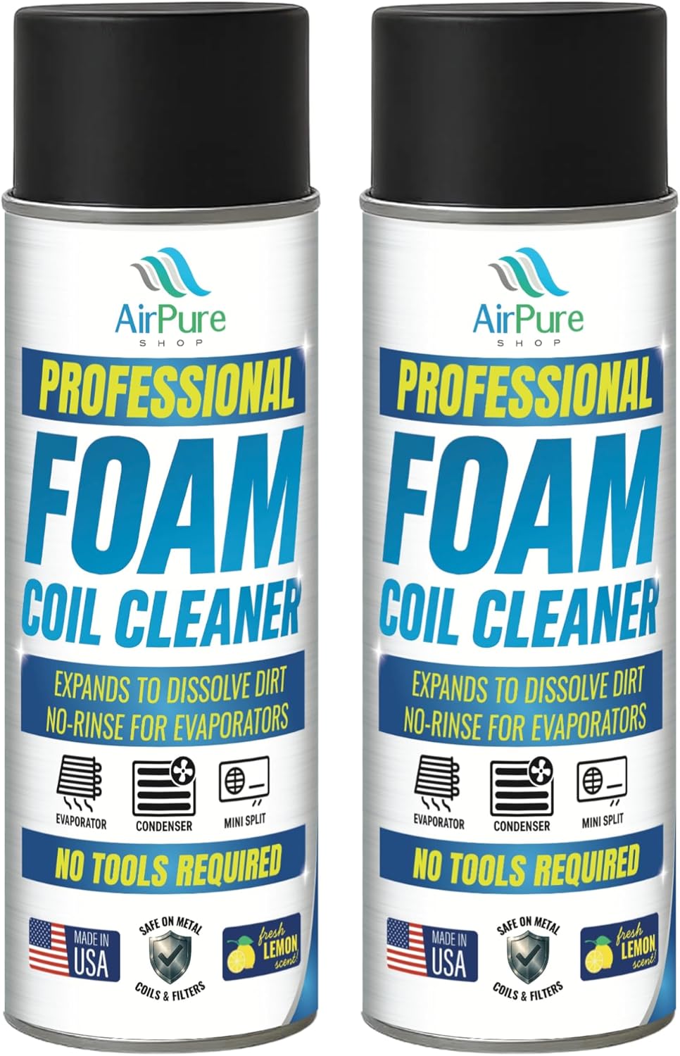 Foaming Coil Cleaner Spray 2-Pack, No-Rinse HVAC Foam for Evaporators, Condensers & Mini Splits, Expanding Lemon Scent Formula, 18 oz Each
